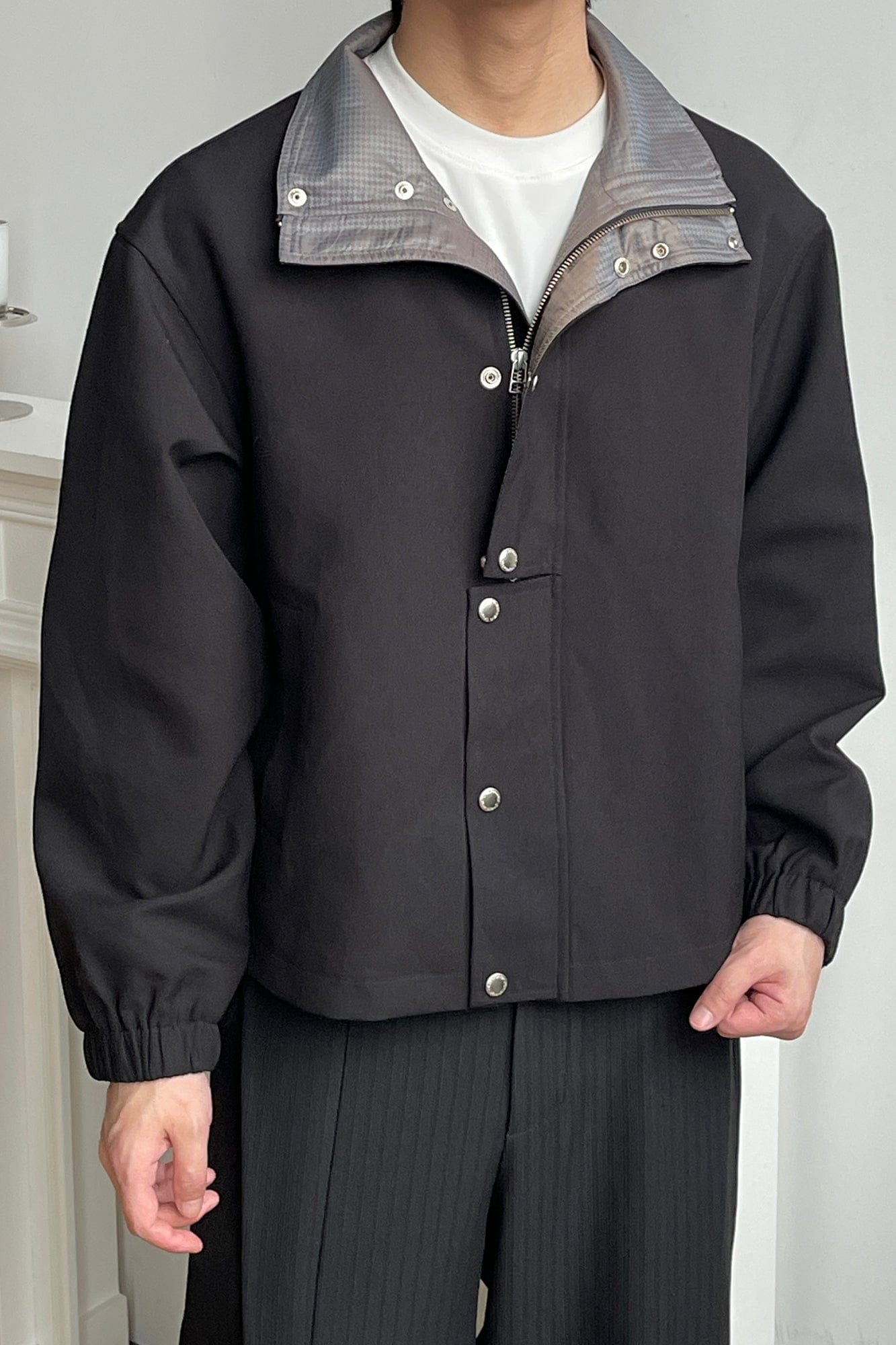 OKAYTHXBYE Glossy Houndstooth-Lined Stand Collar Jacket, premium urban and streetwear designers apparel on PROJECTISR.com, OKAYTHXBYE