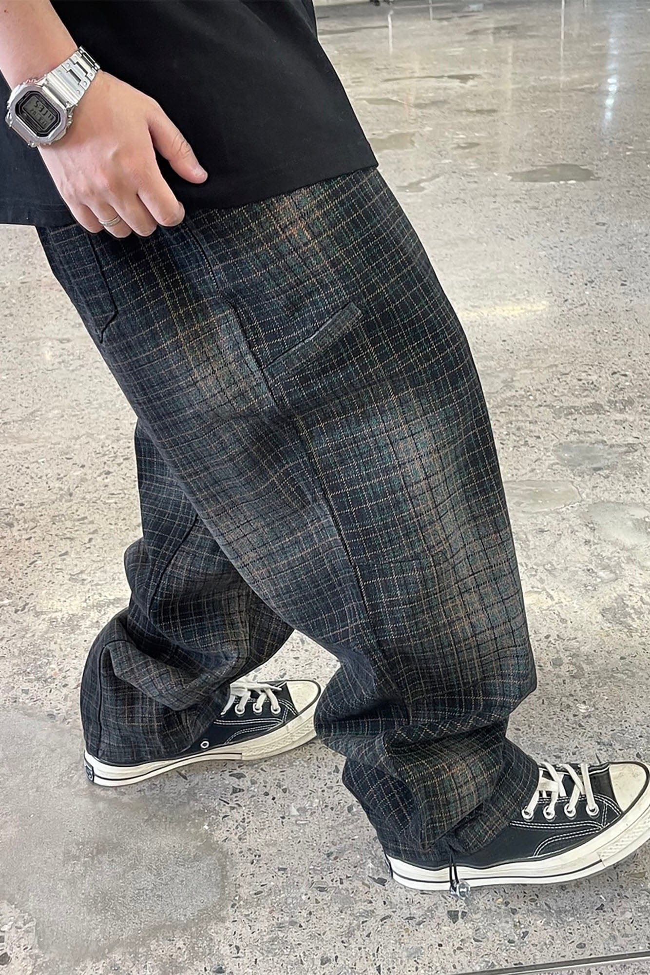 ME DA IGUAL Washed Plaid Tapered Drawstring-Hem Pants, premium urban and streetwear designers apparel on PROJECTISR.com, ME DA IGUAL