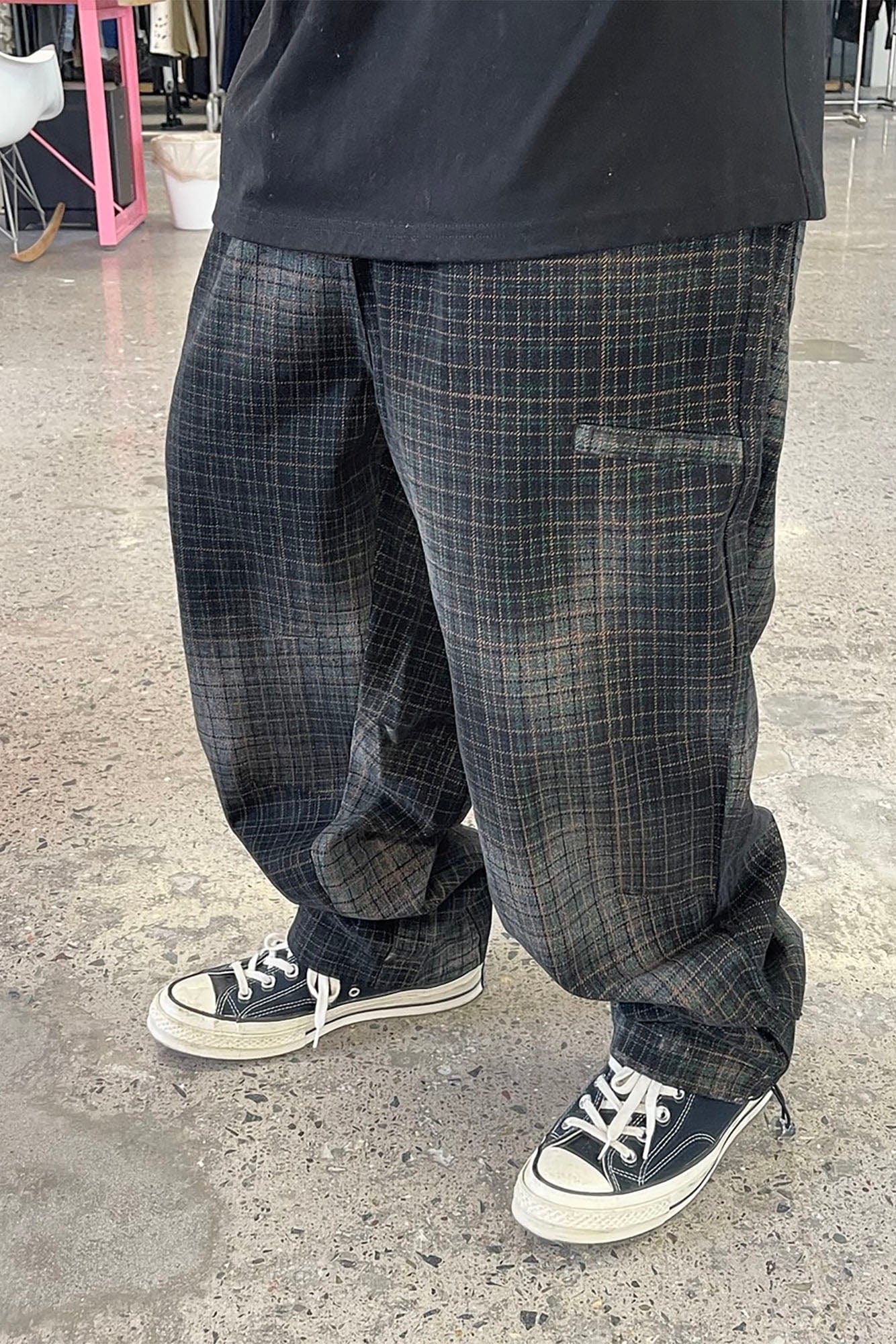 ME DA IGUAL Washed Plaid Tapered Drawstring-Hem Pants, premium urban and streetwear designers apparel on PROJECTISR.com, ME DA IGUAL
