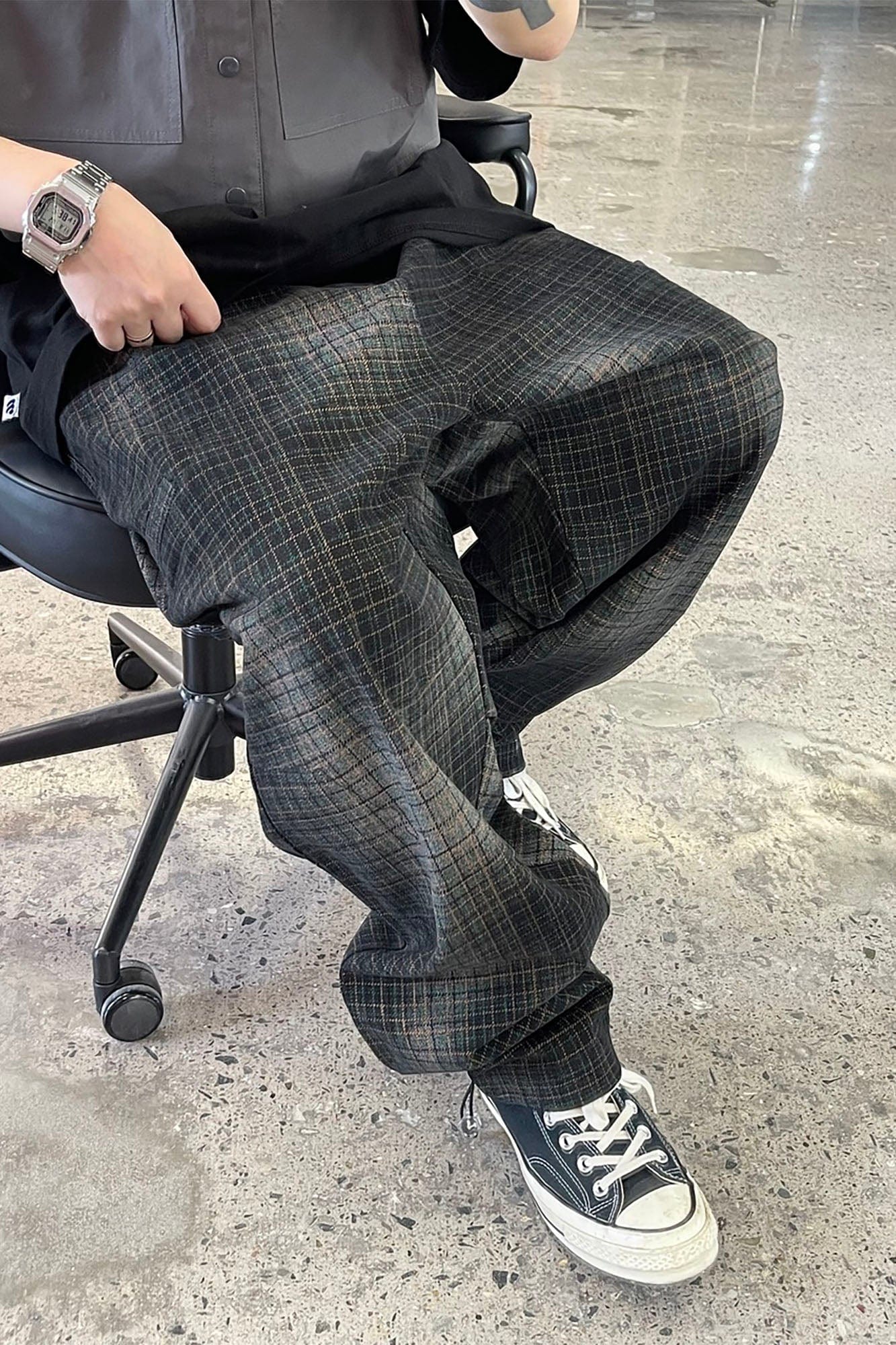 ME DA IGUAL Washed Plaid Tapered Drawstring-Hem Pants, premium urban and streetwear designers apparel on PROJECTISR.com, ME DA IGUAL
