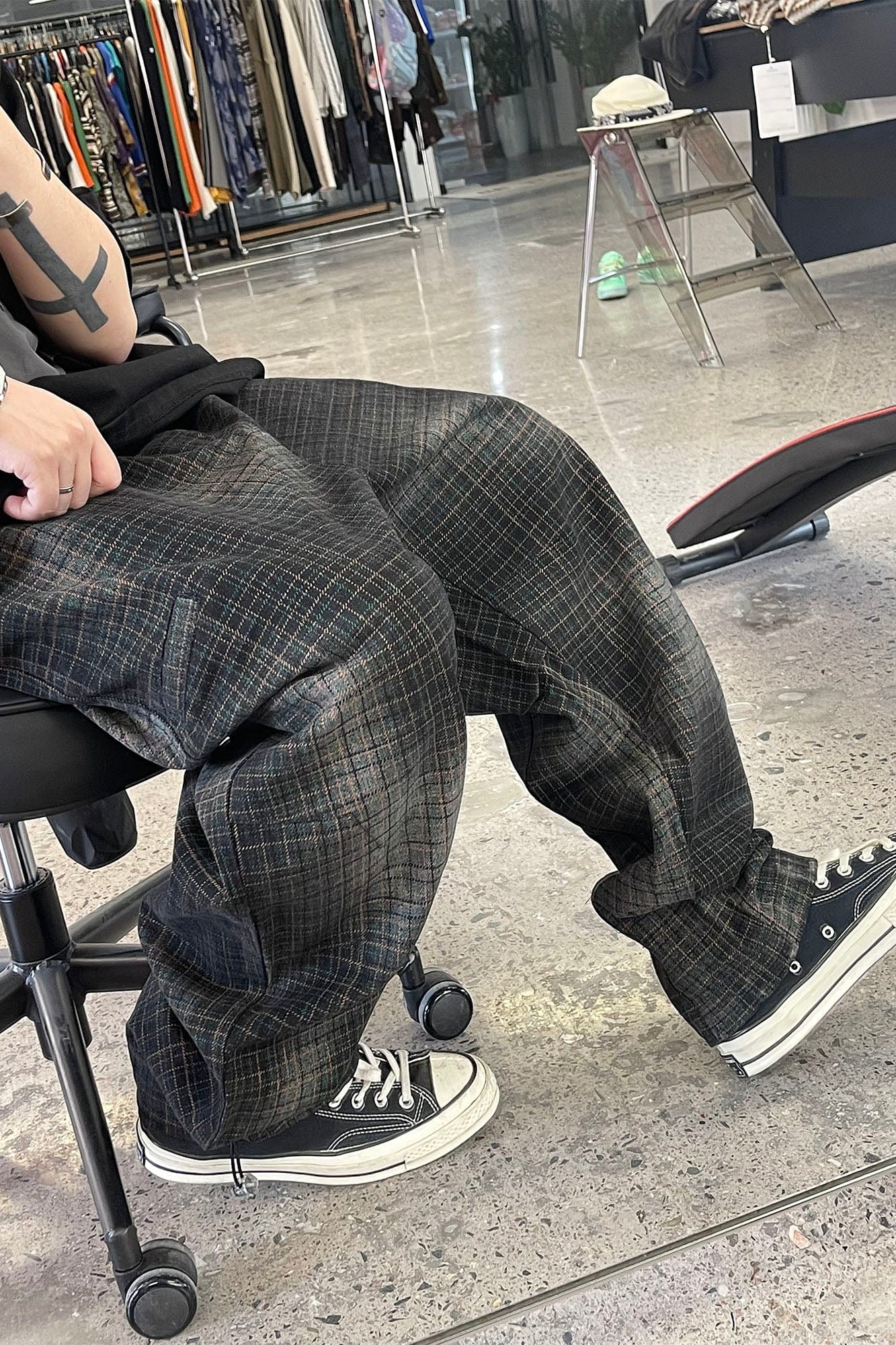 ME DA IGUAL Washed Plaid Tapered Drawstring-Hem Pants, premium urban and streetwear designers apparel on PROJECTISR.com, ME DA IGUAL