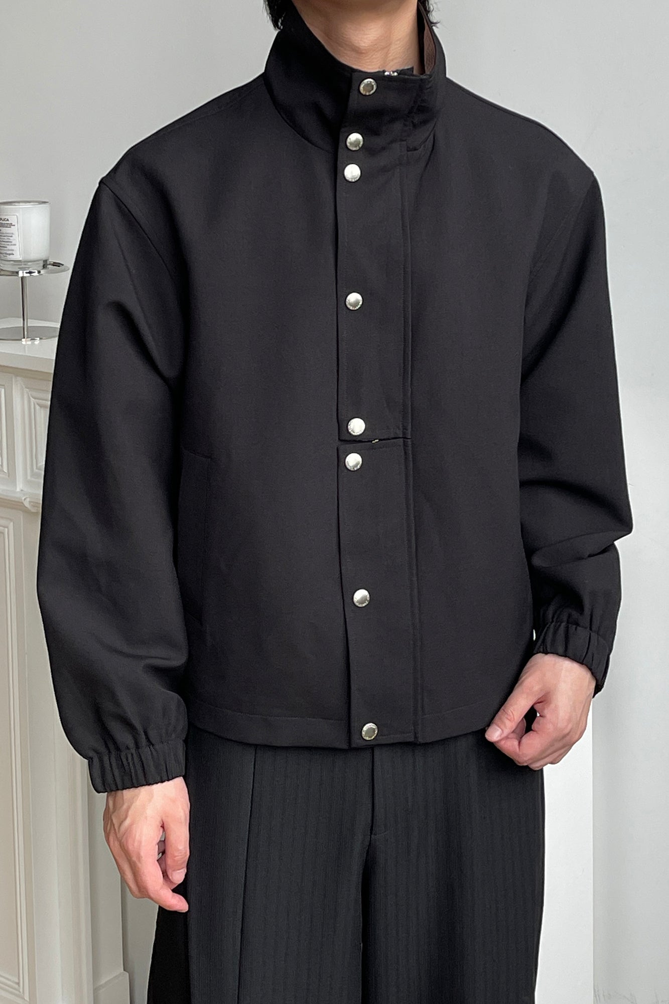 OKAYTHXBYE Glossy Houndstooth-Lined Stand Collar Jacket, premium urban and streetwear designers apparel on PROJECTISR.com, OKAYTHXBYE