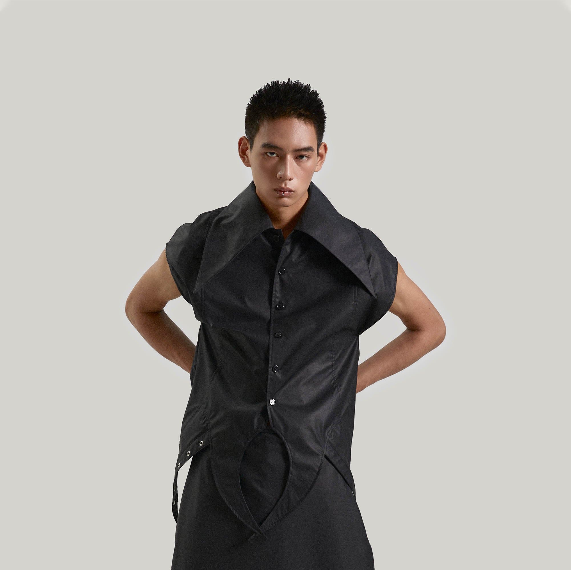 KADAKADA Pointed Hem Faux Leather Vest, premium urban and streetwear designers apparel on PROJECTISR.com, KADAKADA