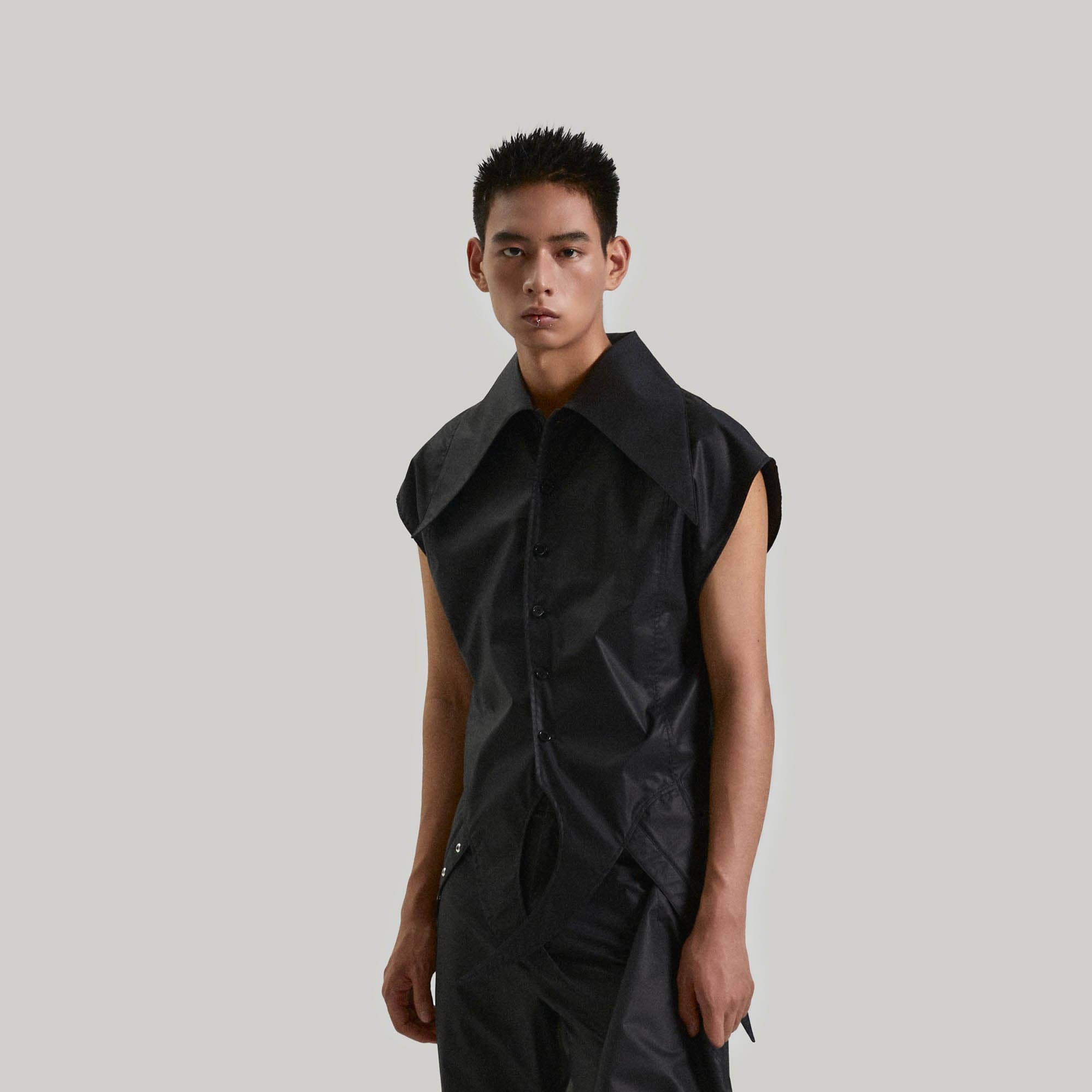 KADAKADA Pointed Hem Faux Leather Vest, premium urban and streetwear designers apparel on PROJECTISR.com, KADAKADA