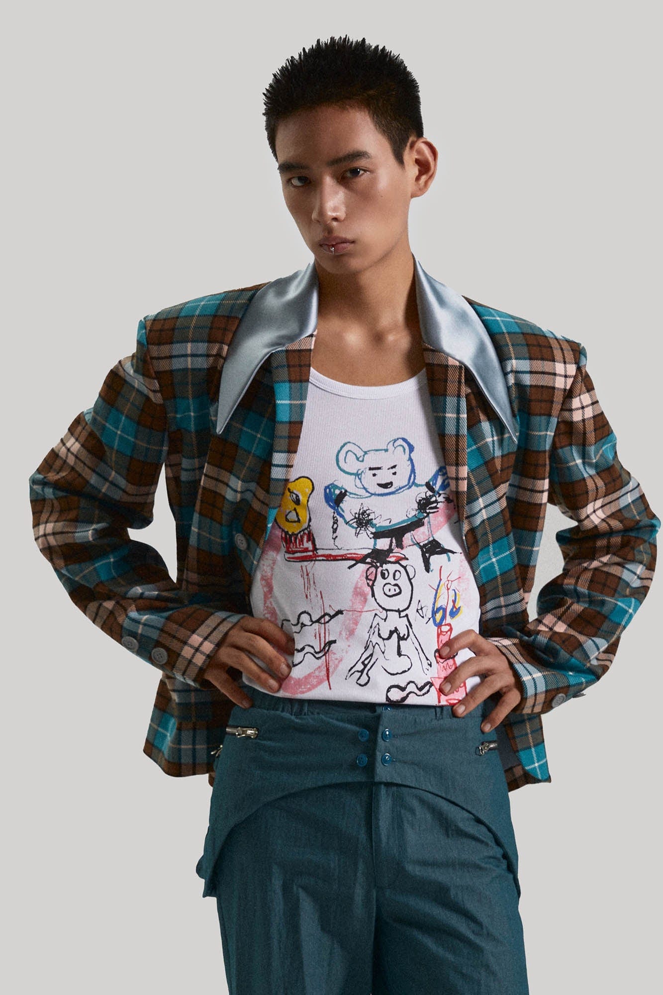 KADAKADA Double-Layer Silky Collar Plaid Blazer, premium urban and streetwear designers apparel on PROJECTISR.com, KADAKADA