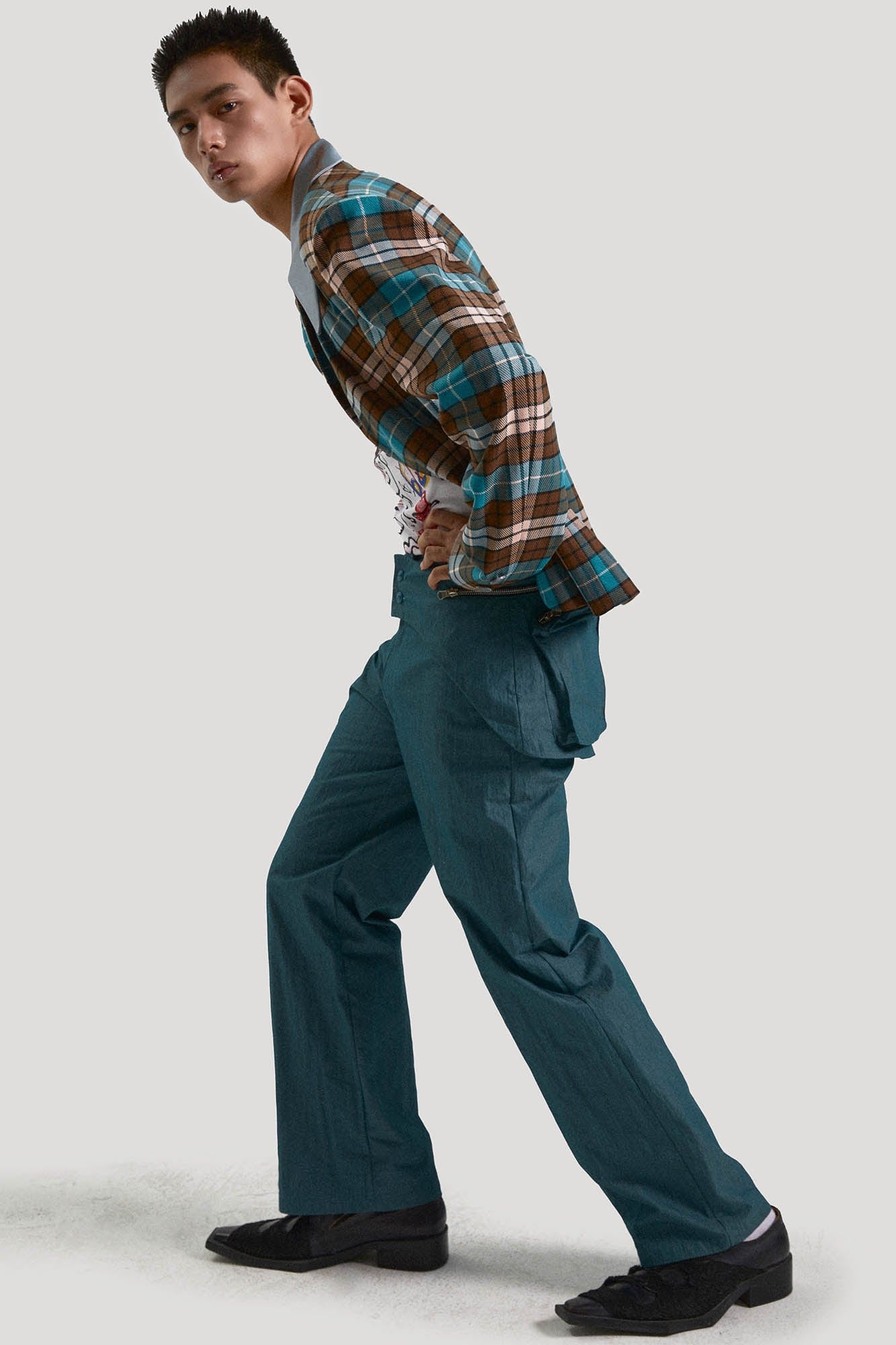 KADAKADA Double-Layer Silky Collar Plaid Blazer, premium urban and streetwear designers apparel on PROJECTISR.com, KADAKADA