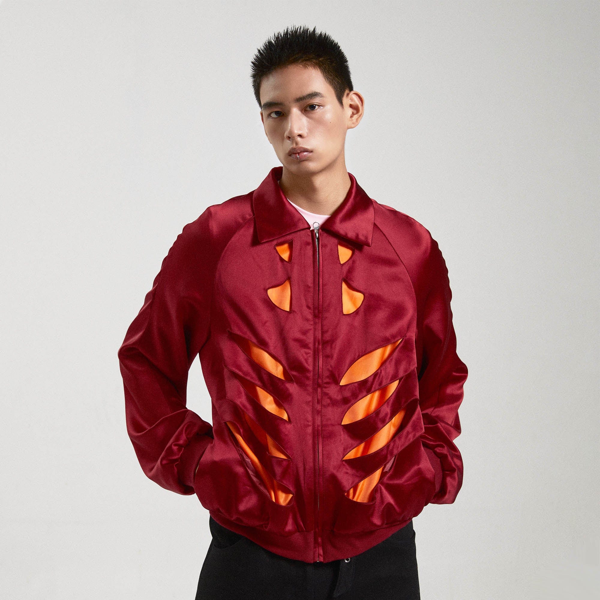 KADAKADA Skeleton Cut-Out Satin Bomber Jacket, premium urban and streetwear designers apparel on PROJECTISR.com, KADAKADA