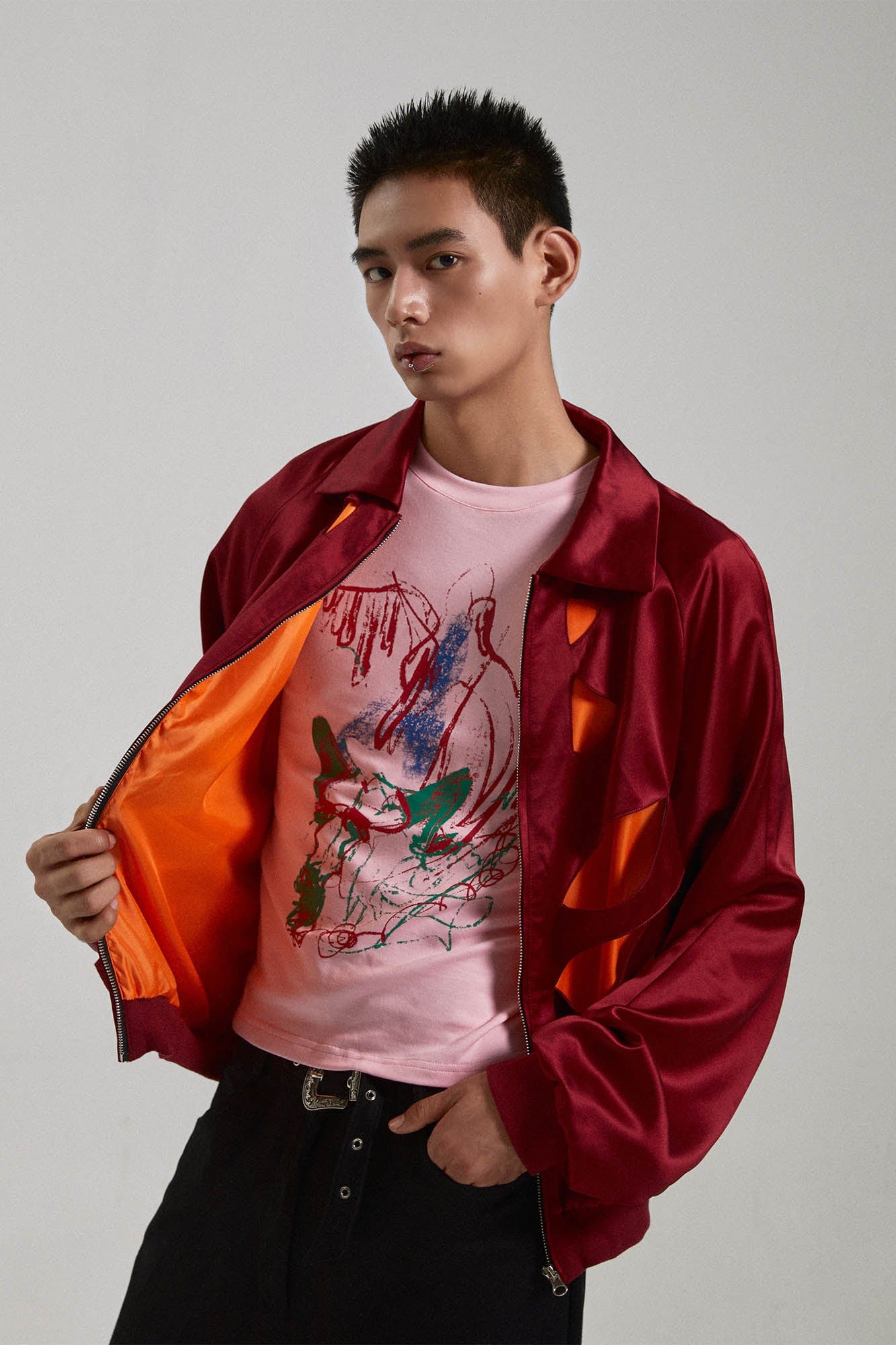 KADAKADA Skeleton Cut-Out Satin Bomber Jacket, premium urban and streetwear designers apparel on PROJECTISR.com, KADAKADA