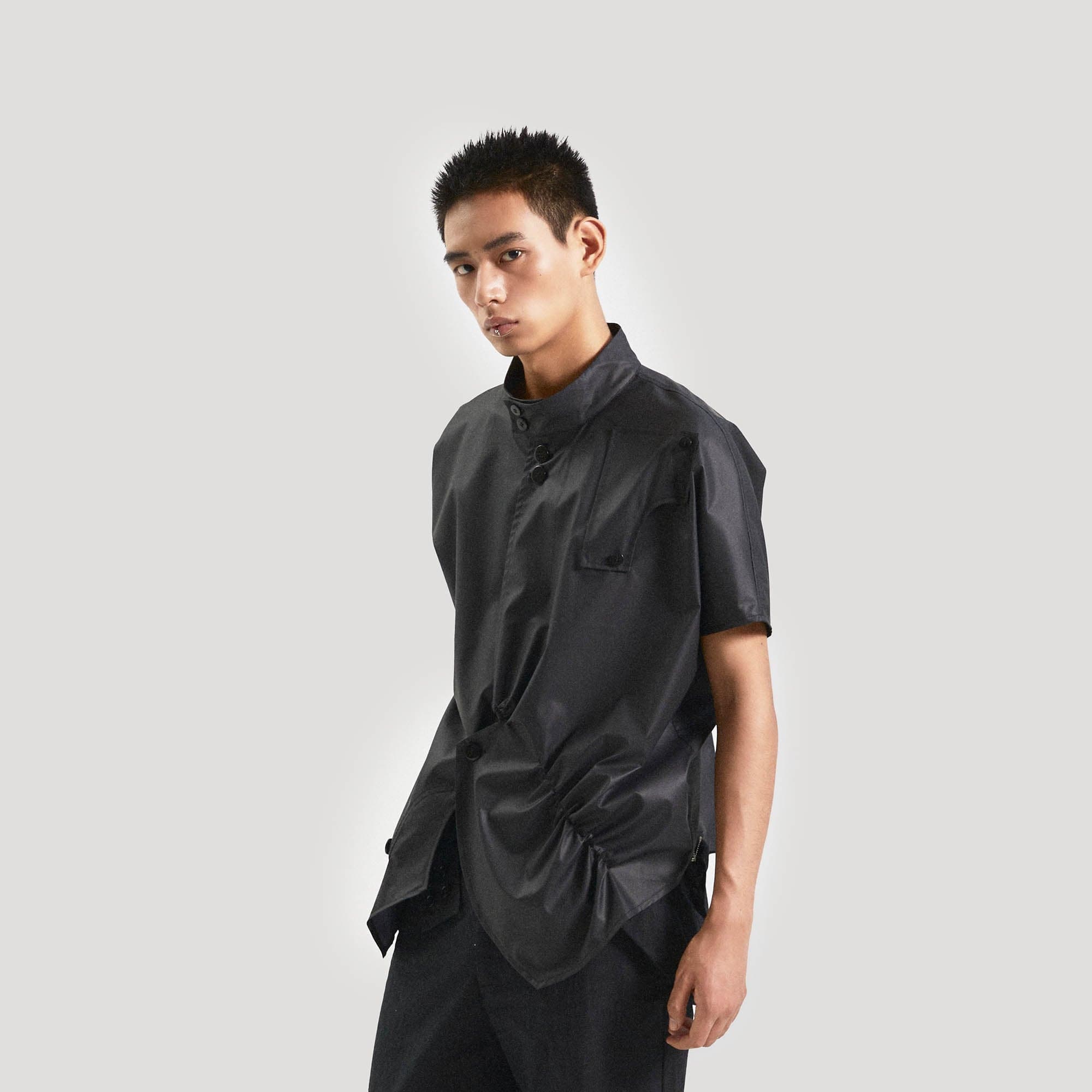 KADAKADA Asymmetrical Pleated Faux Leather Half Shirt, premium urban and streetwear designers apparel on PROJECTISR.com, KADAKADA