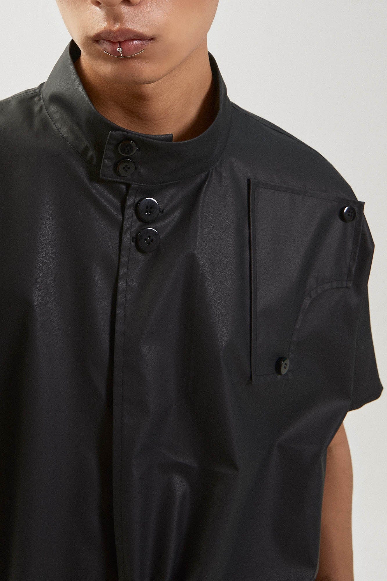 KADAKADA Asymmetrical Pleated Faux Leather Half Shirt, premium urban and streetwear designers apparel on PROJECTISR.com, KADAKADA