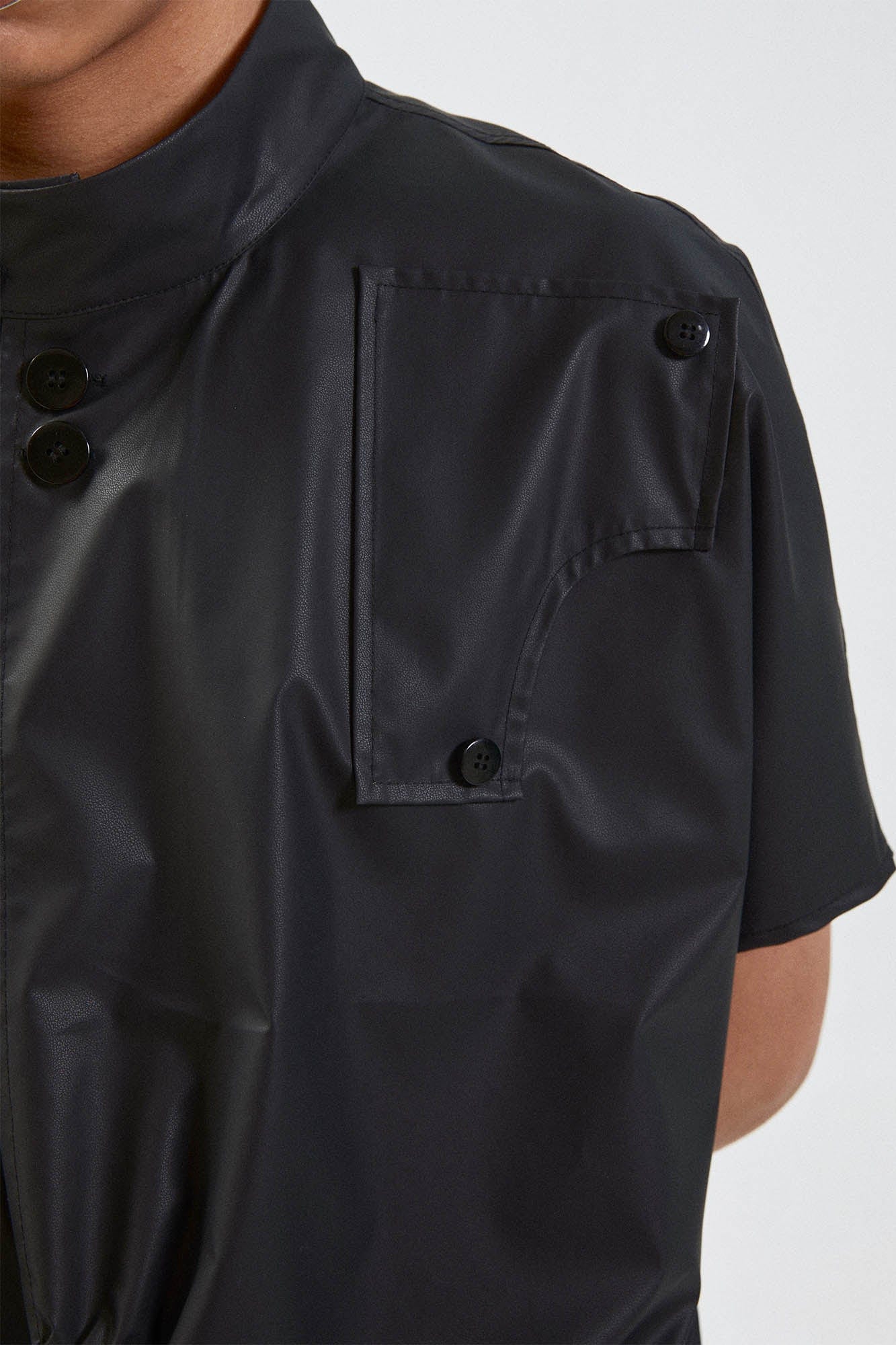 KADAKADA Asymmetrical Pleated Faux Leather Half Shirt, premium urban and streetwear designers apparel on PROJECTISR.com, KADAKADA