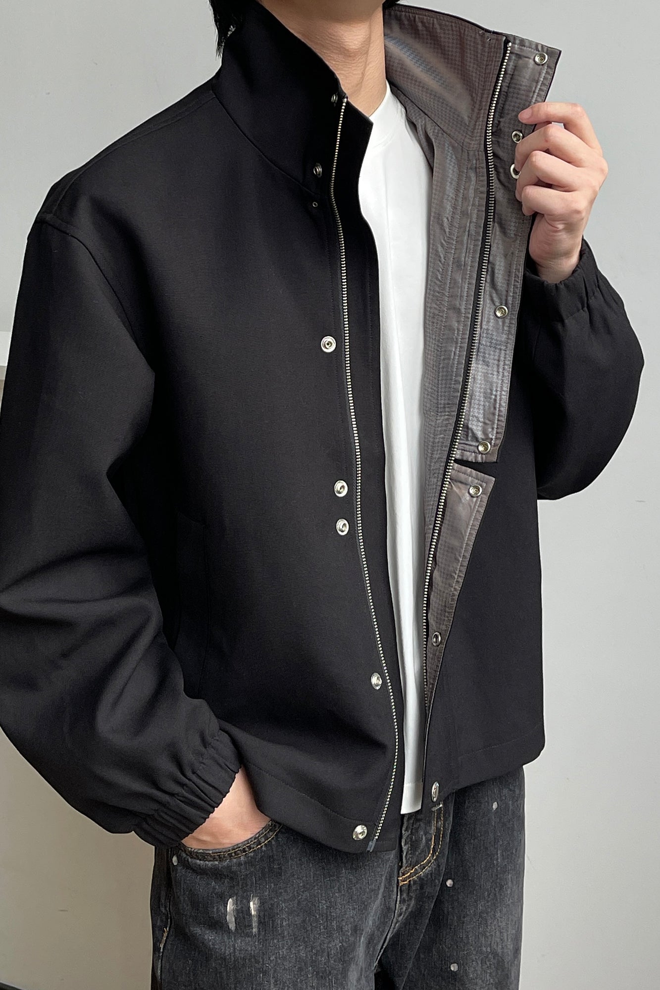 OKAYTHXBYE Glossy Houndstooth-Lined Stand Collar Jacket, premium urban and streetwear designers apparel on PROJECTISR.com, OKAYTHXBYE