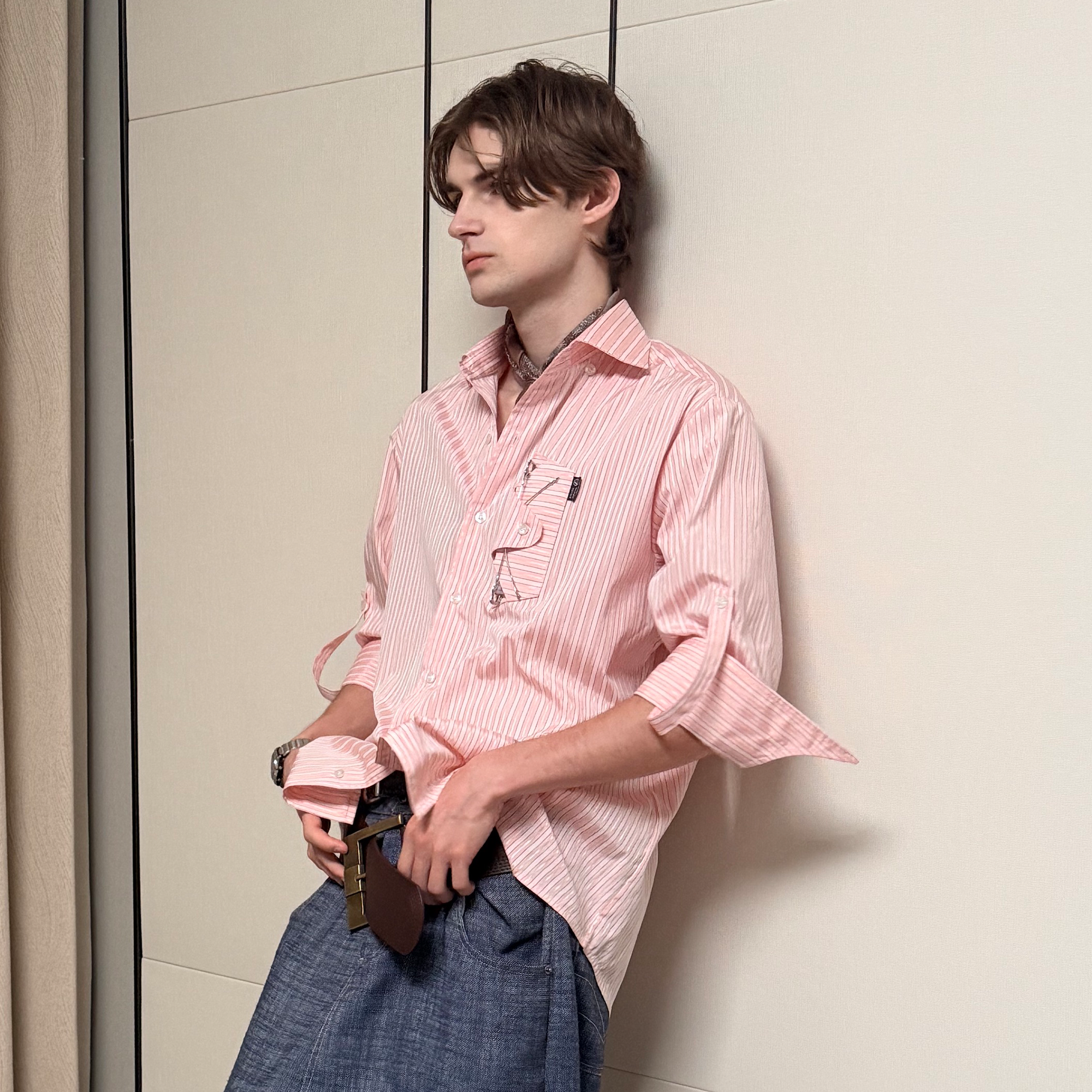 ASSEEN Striped Glasses Pocket Half Shirt Pink