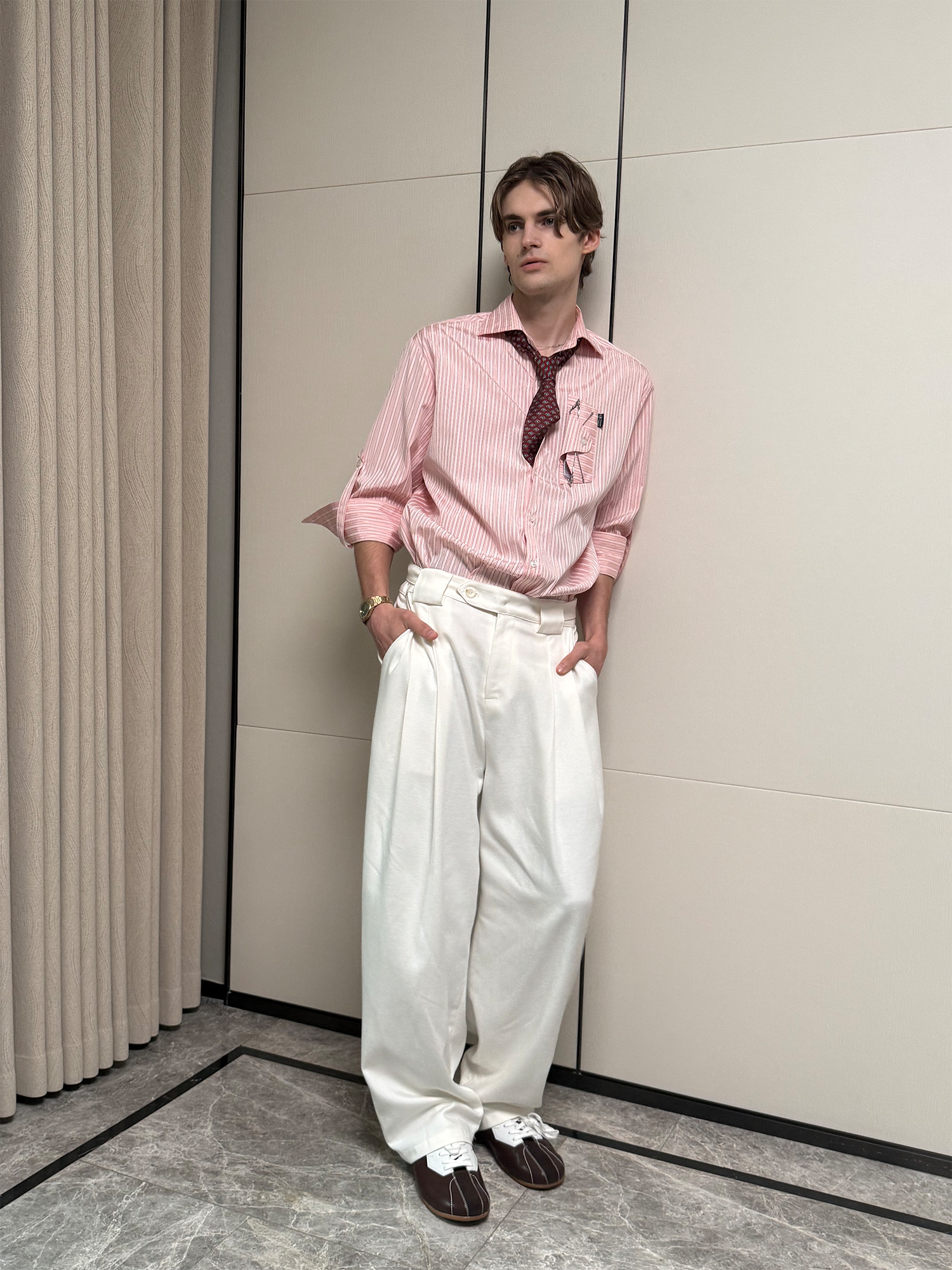 ASSEEN Striped Glasses Pocket Half Shirt Pink