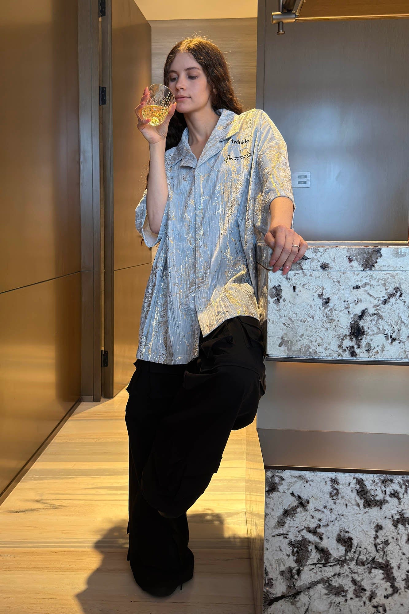 MIICHOUS Metallic Foil Brushed Embroidered Cuban Half Shirt