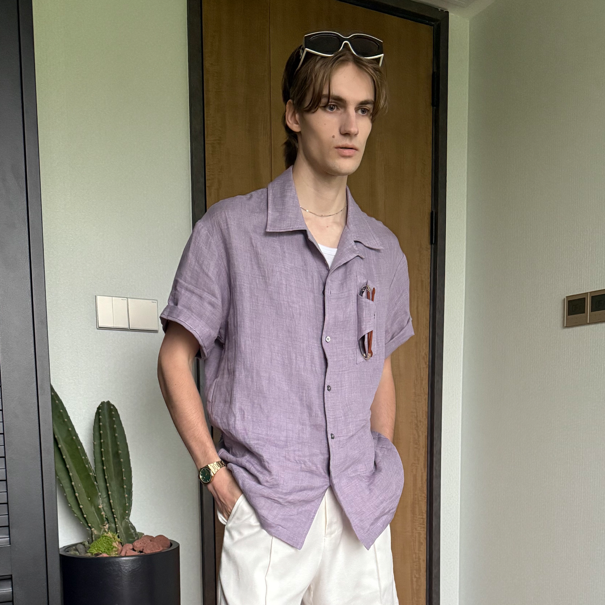 ASSEEN Linen Glasses Pocket Half Shirt