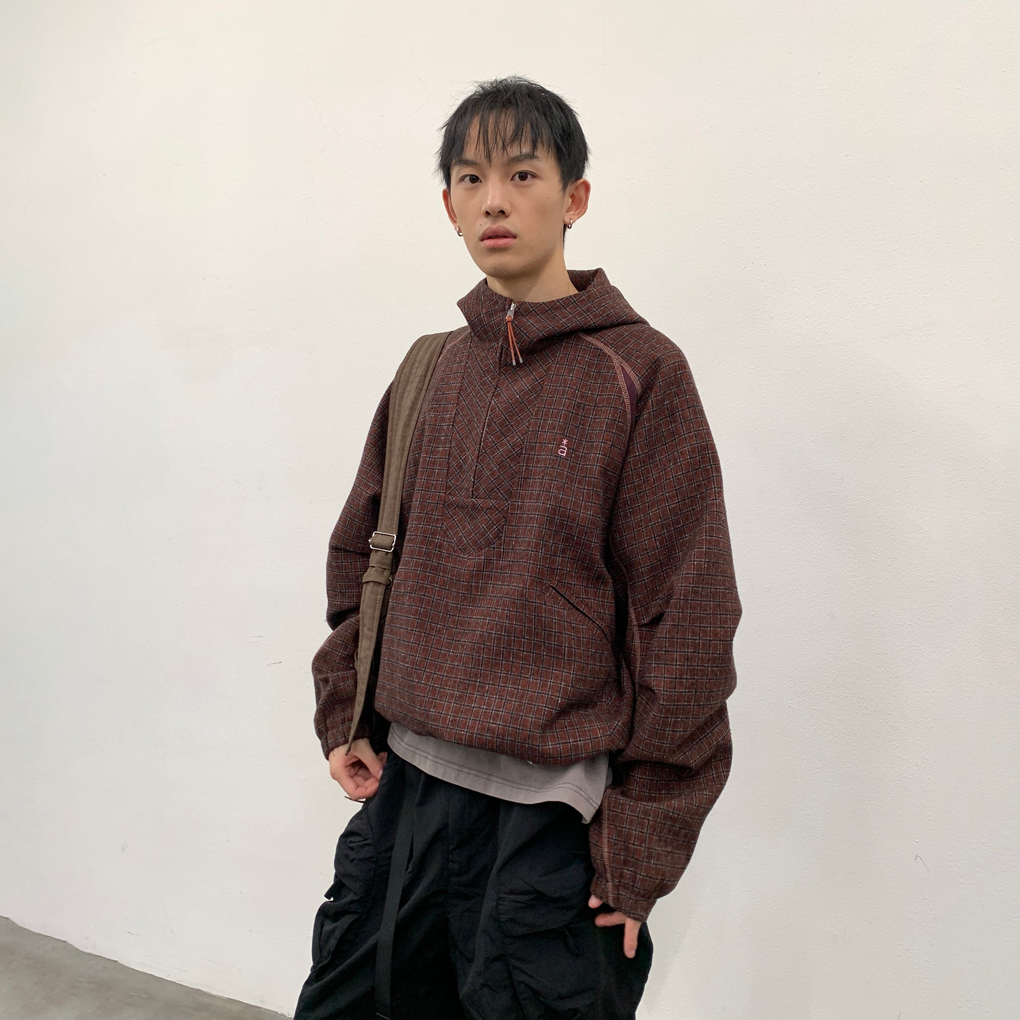 ROARINGWILD A ARCH Plaid Paneled Half-Zip Hooded Jacket