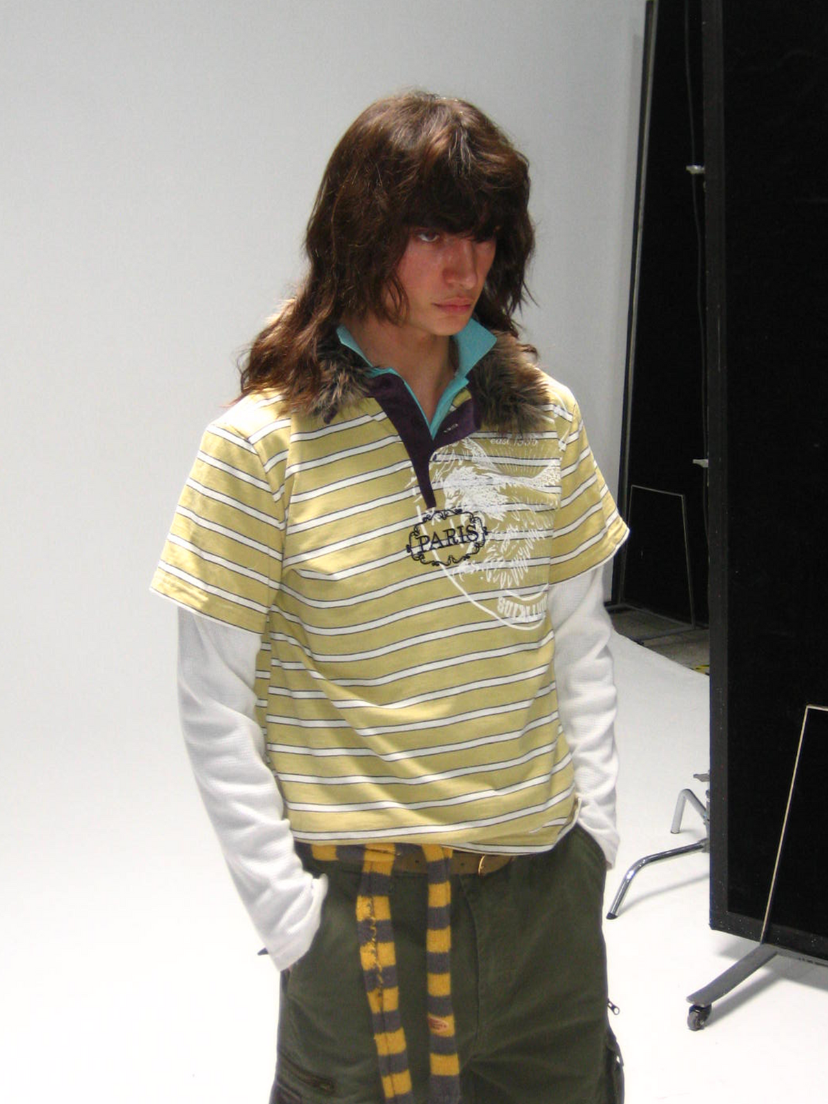 TRECLUB Fur-Collar Embroidered Striped Layered Long-Sleeve Tee