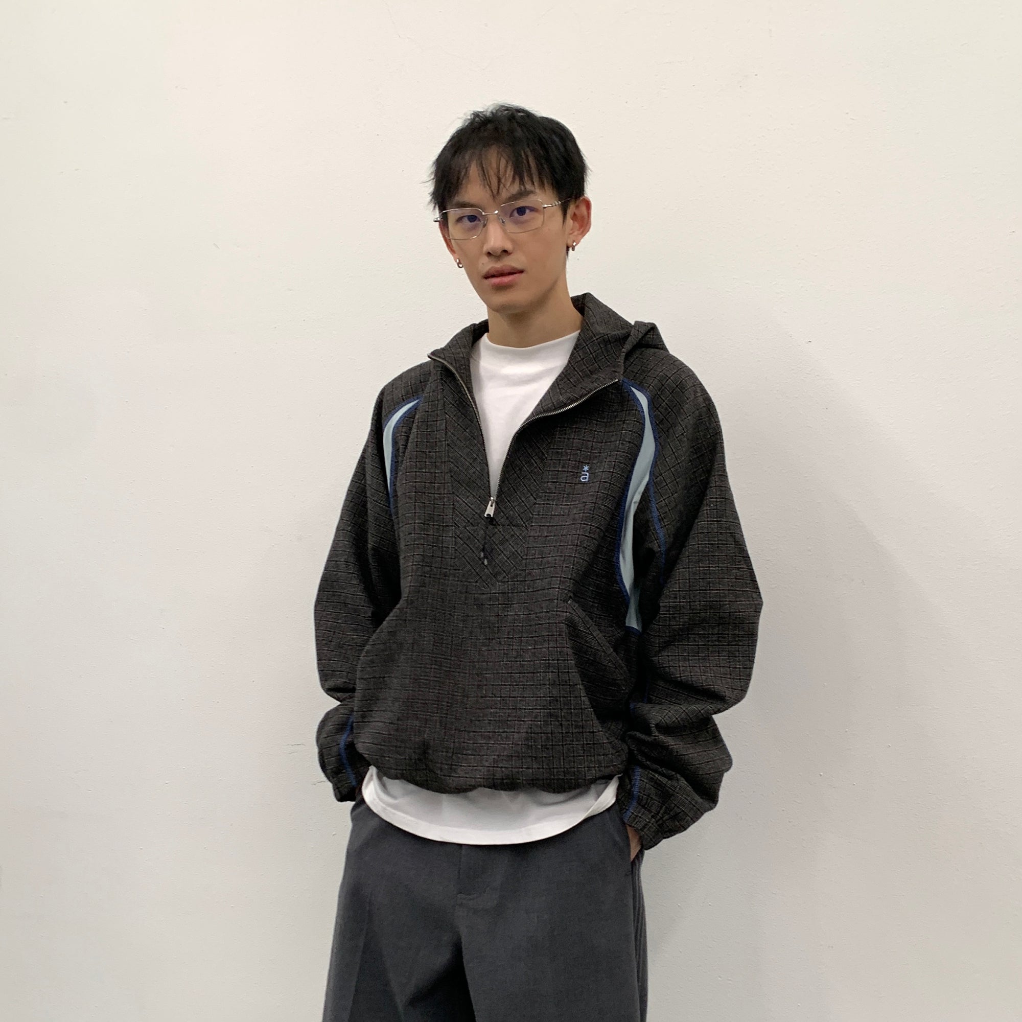 ROARINGWILD A ARCH Plaid Paneled Half-Zip Hooded Jacket