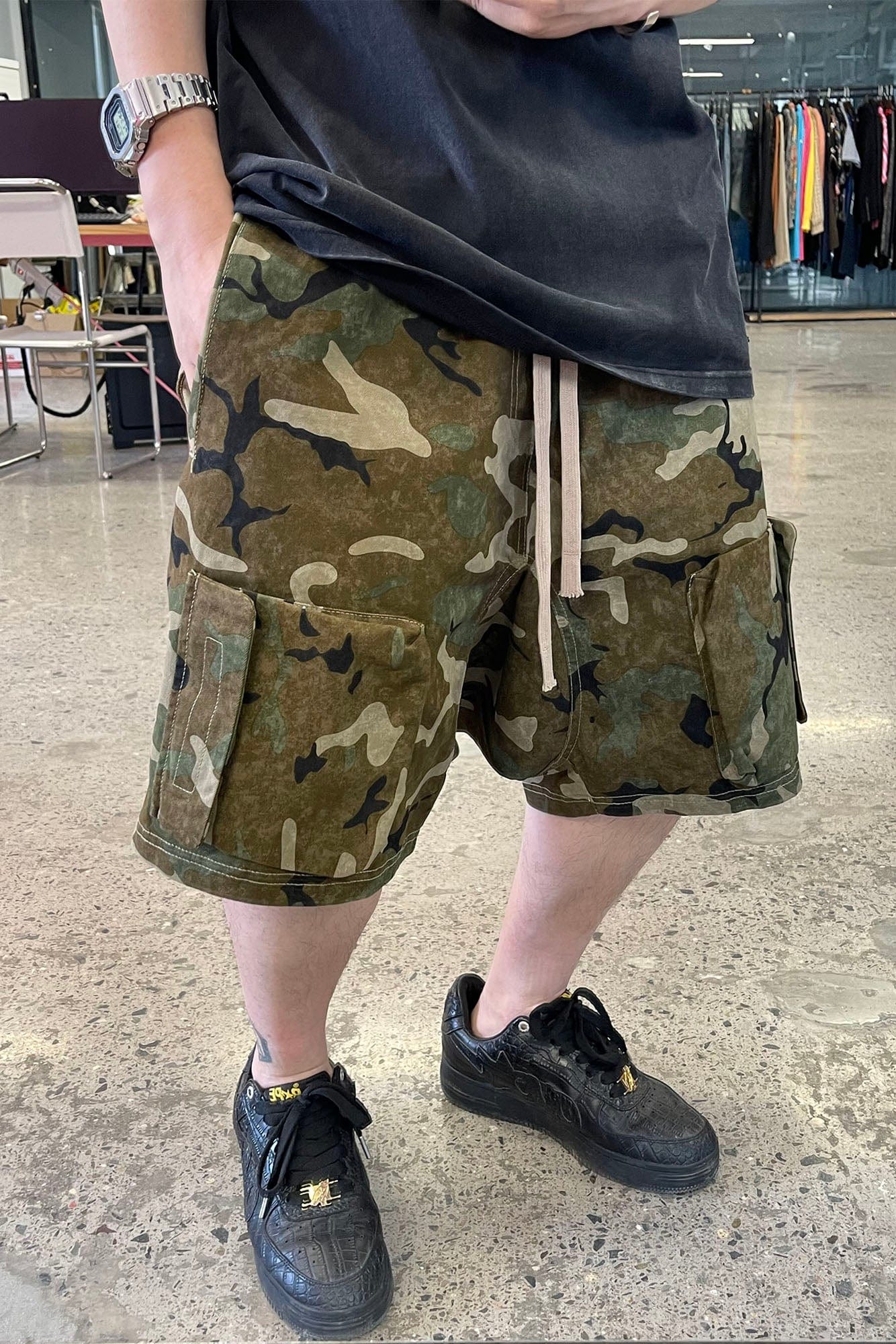 ME DA IGUAL Utility Camo Drawstring Shorts, premium urban and streetwear designers apparel on PROJECTISR.com, ME DA IGUAL