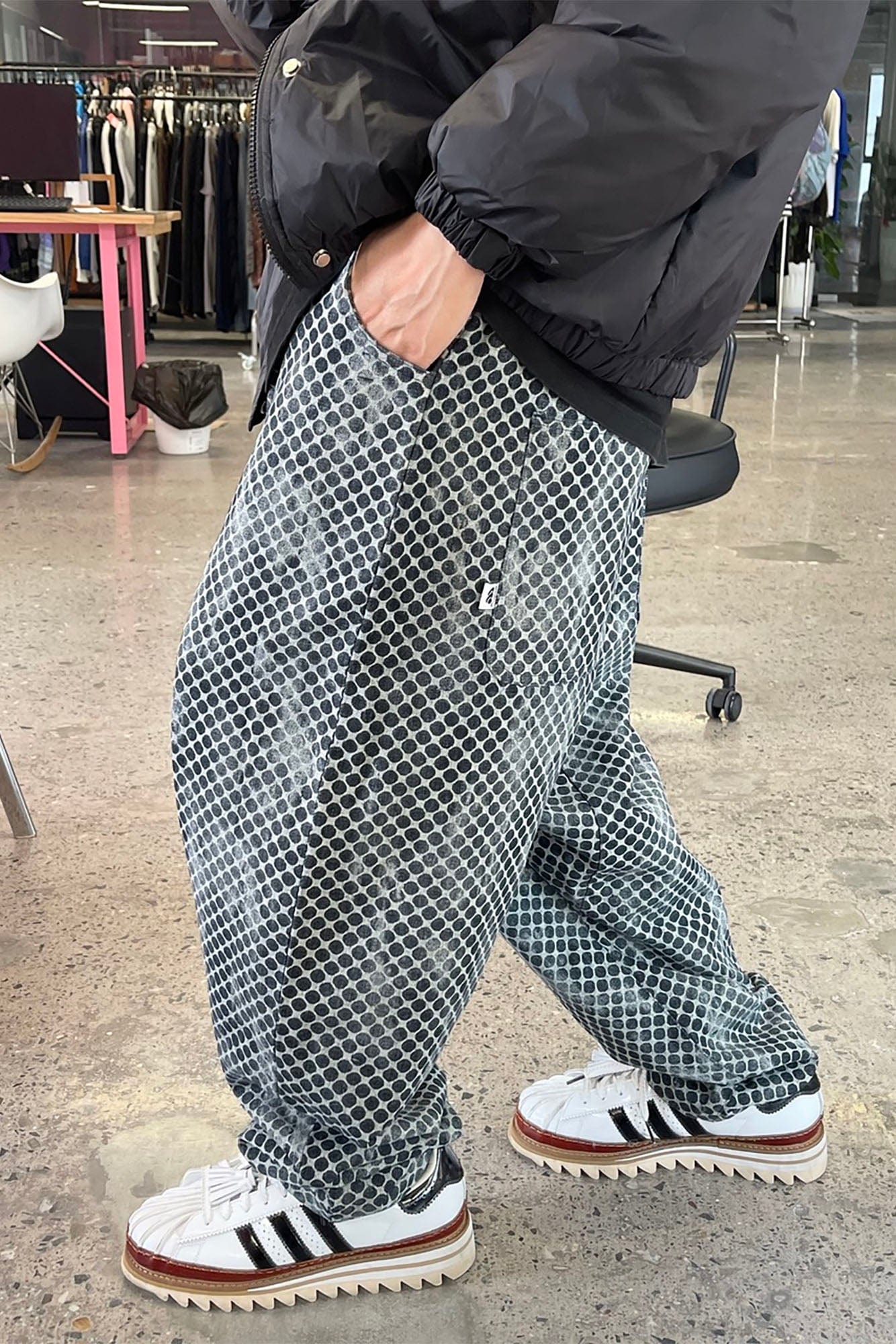 ME DA IGUAL Washed Dot Full-Print Harem Pants, premium urban and streetwear designers apparel on PROJECTISR.com, ME DA IGUAL