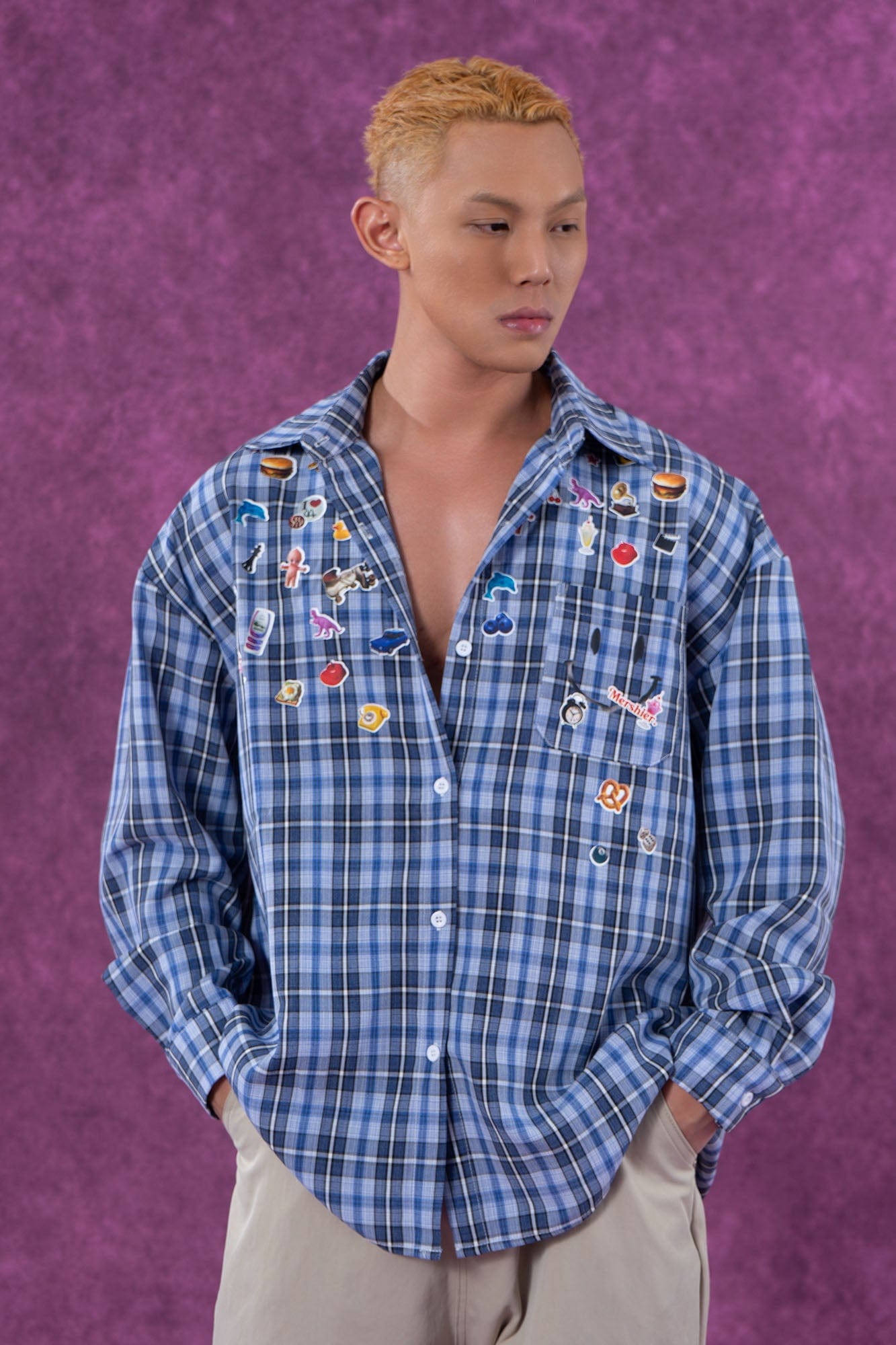 CLP Plaid Stickers Oversized Shirt, premium urban and streetwear designers apparel on PROJECTISR.com, CLP