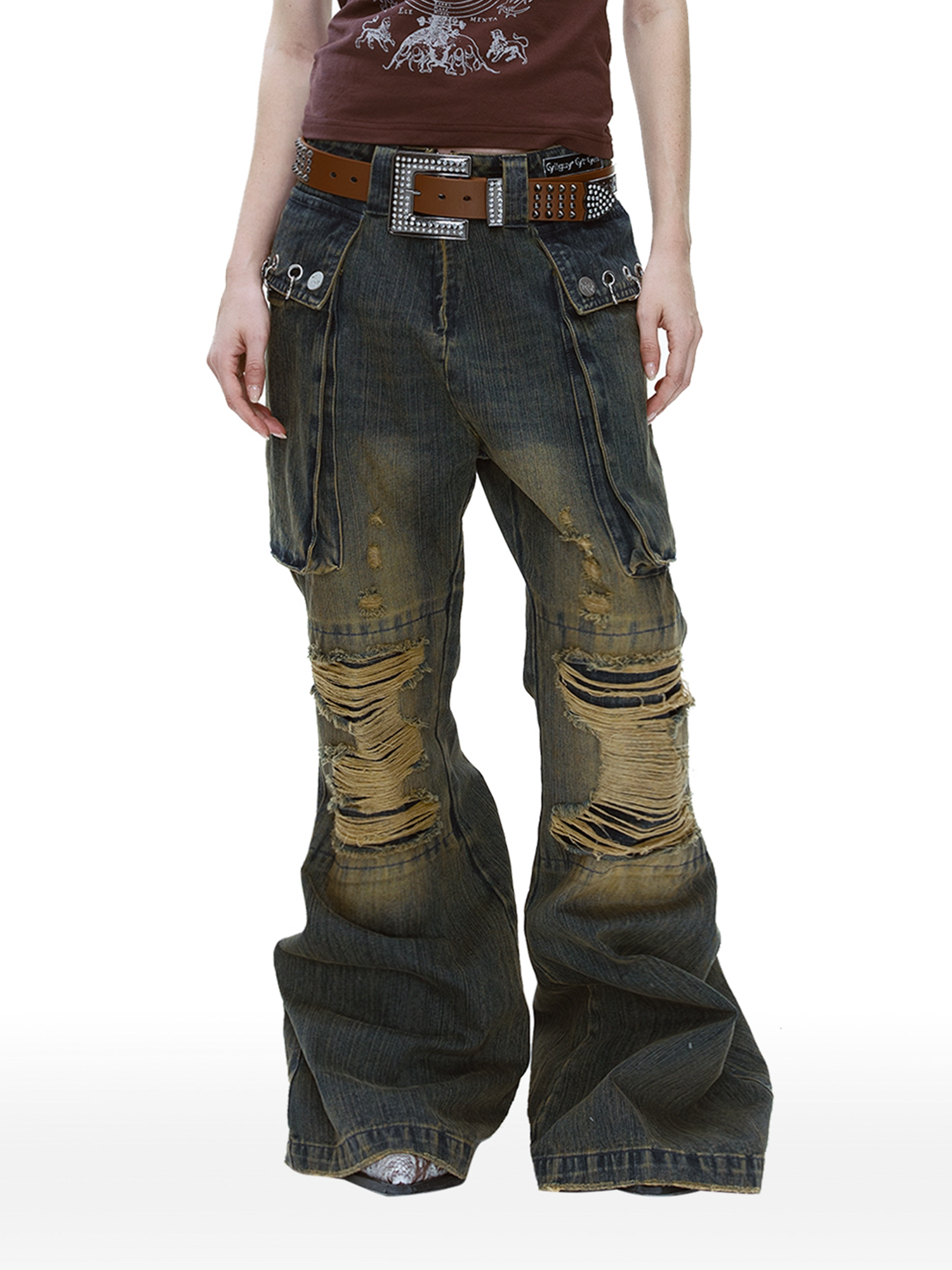 CYCYCY Distressed Big-Pocket Flared Jeans