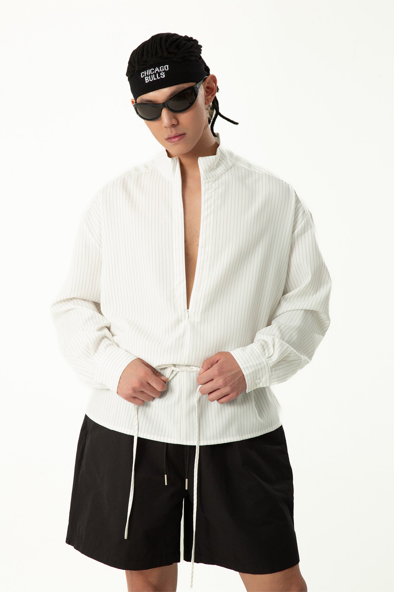 CLP Drawstring Waist Striped V-Neck Shirt, premium urban and streetwear designers apparel on PROJECTISR.com, CLP