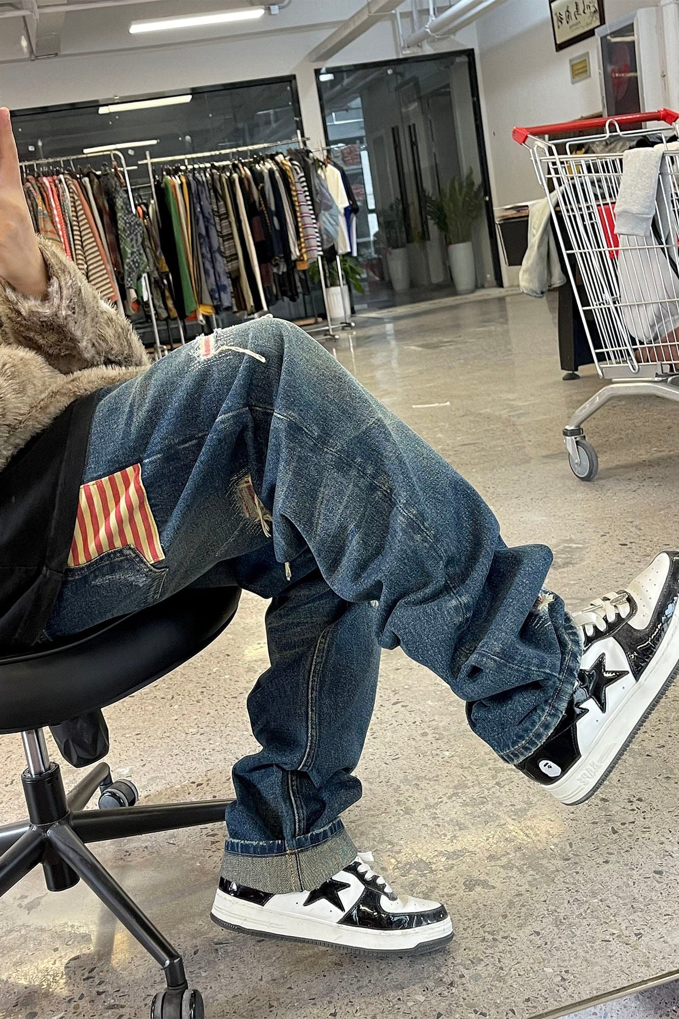 ME DA IGUAL Striped Spliced Distressed Whiskered Jeans, premium urban and streetwear designers apparel on PROJECTISR.com, ME DA IGUAL