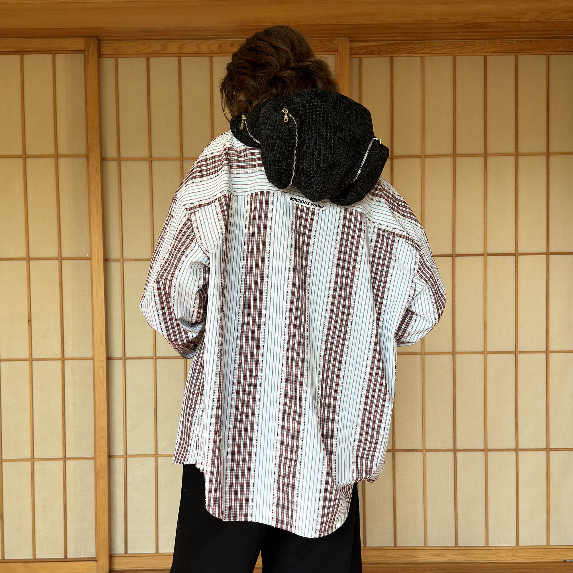 MIICHOUS Time Travel Company Headphone Hood Striped Shirt, premium urban and streetwear designers apparel on PROJECTISR.com, Miichous