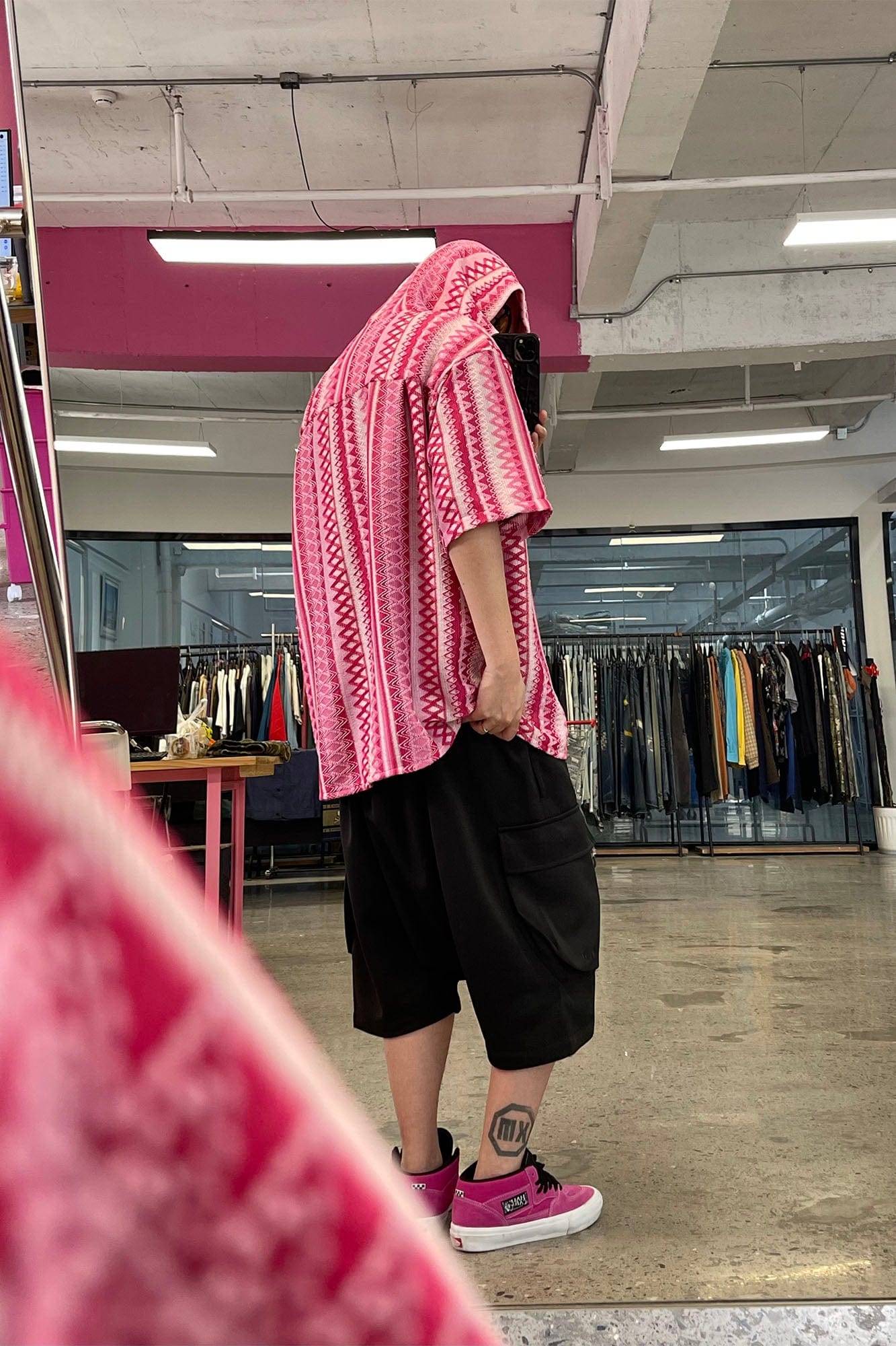 ME DA IGUAL Ethnic Stripe Textured Hooded Half Shirt, premium urban and streetwear designers apparel on PROJECTISR.com, ME DA IGUAL