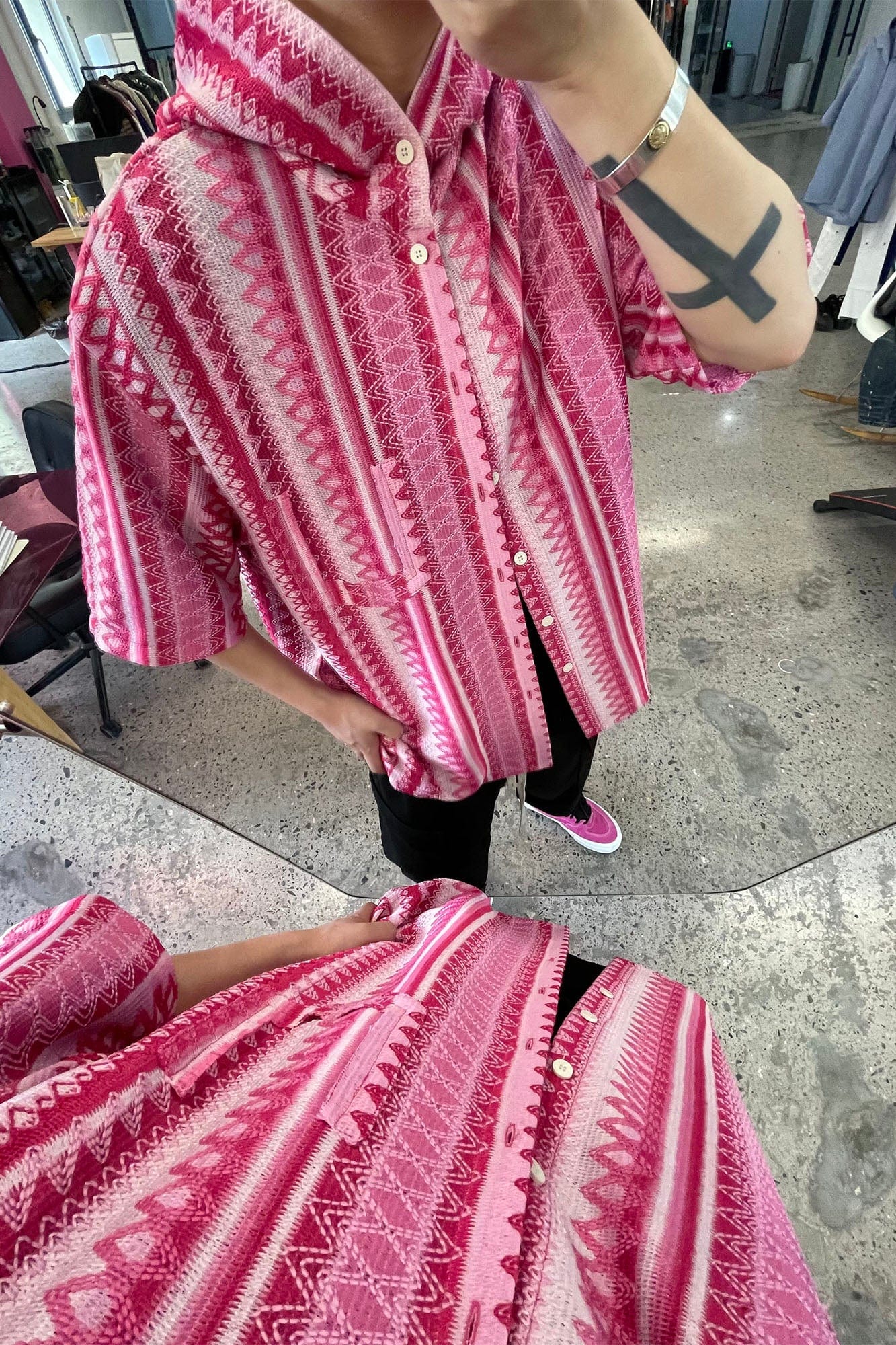 ME DA IGUAL Ethnic Stripe Textured Hooded Half Shirt, premium urban and streetwear designers apparel on PROJECTISR.com, ME DA IGUAL