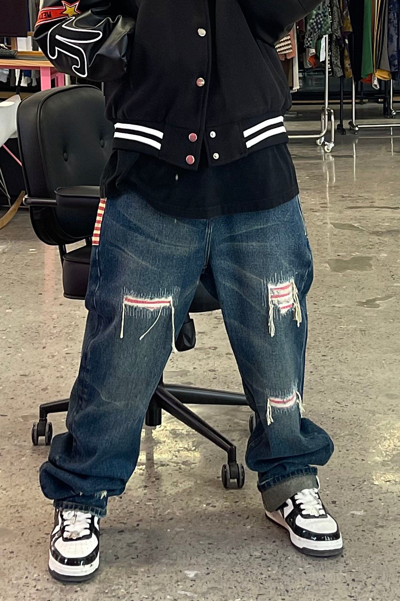 ME DA IGUAL Striped Spliced Distressed Whiskered Jeans, premium urban and streetwear designers apparel on PROJECTISR.com, ME DA IGUAL
