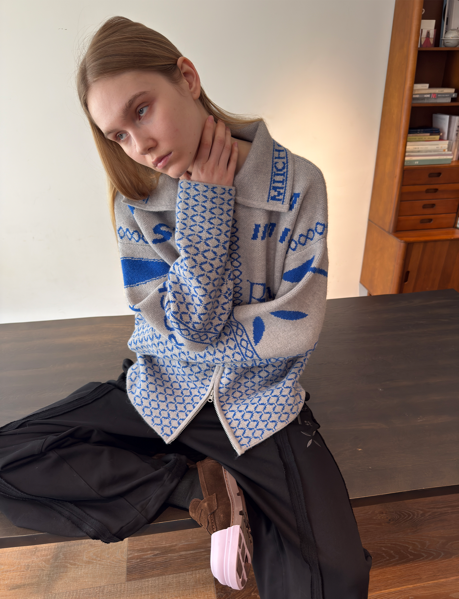 MIICHOUS Racer Geometric Jacquard Zip-Up Cardigan