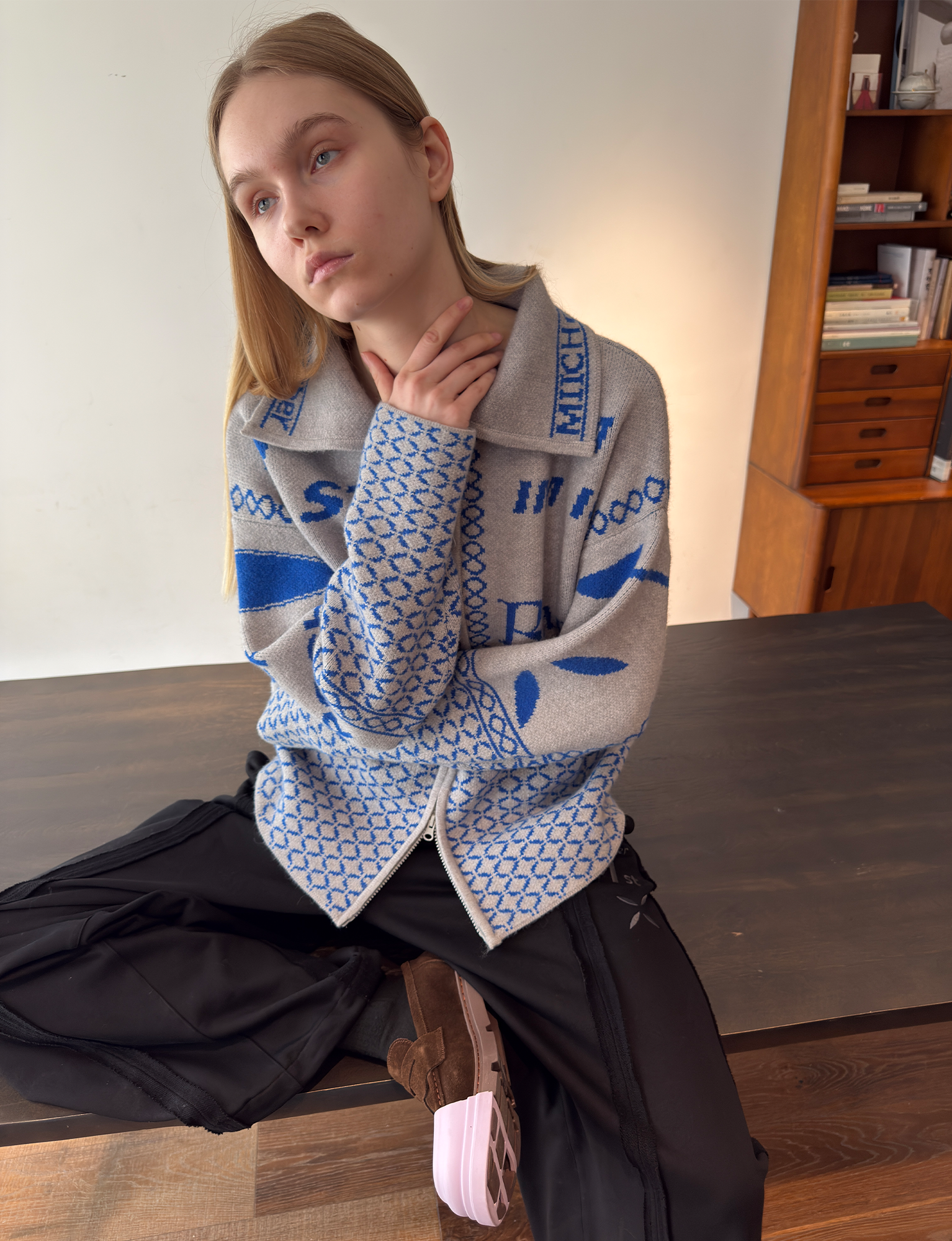 MIICHOUS Racer Geometric Jacquard Zip-Up Cardigan