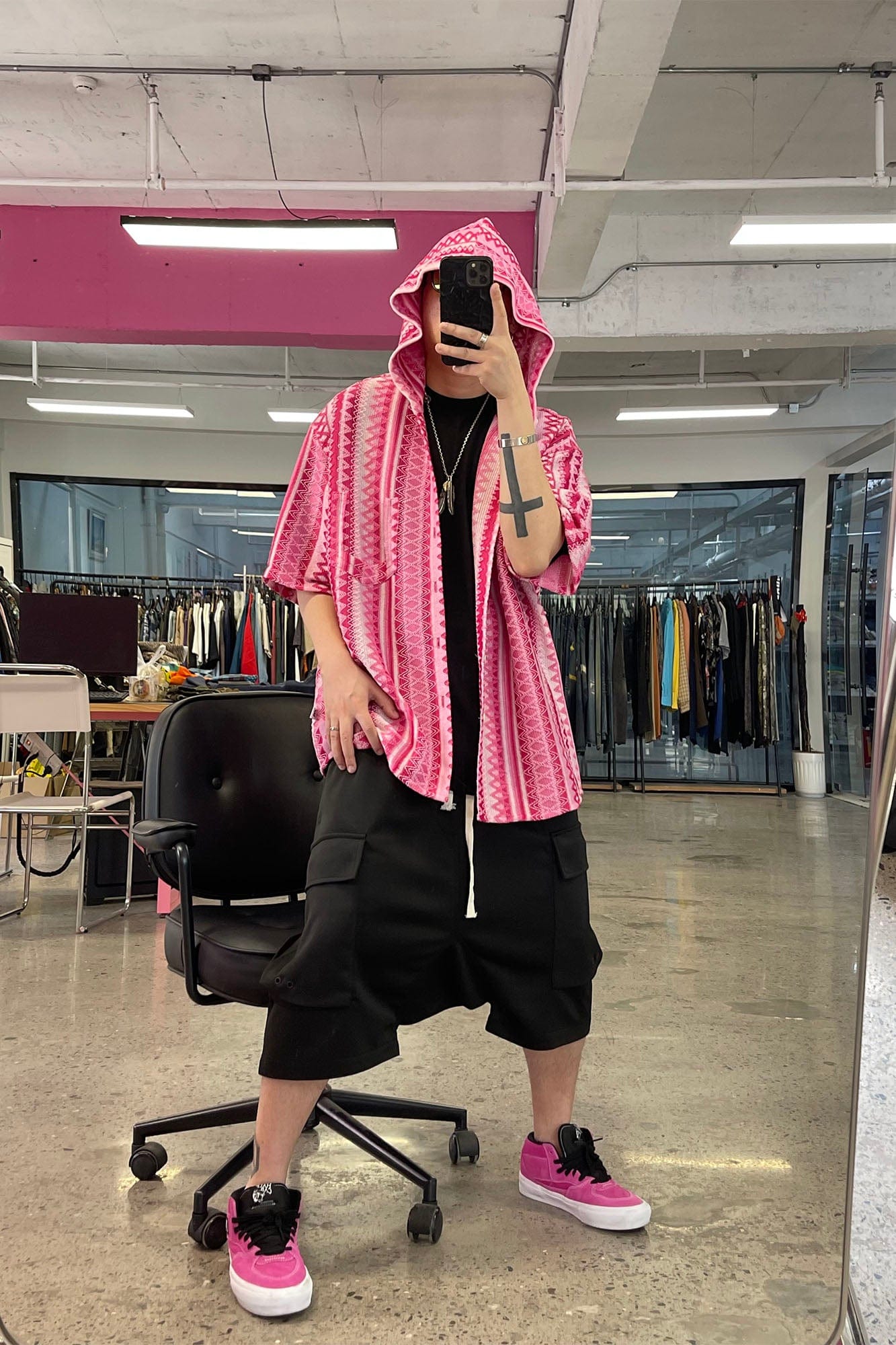 ME DA IGUAL Ethnic Stripe Textured Hooded Half Shirt, premium urban and streetwear designers apparel on PROJECTISR.com, ME DA IGUAL
