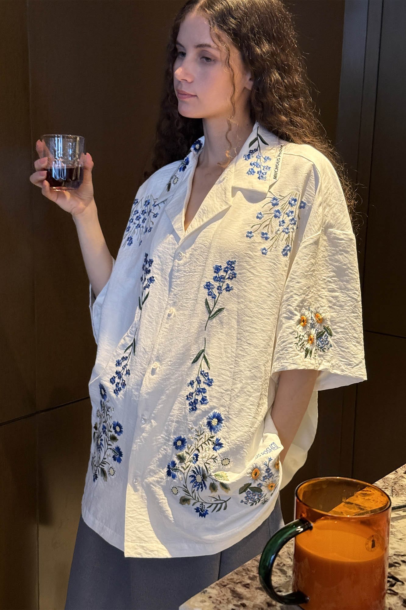MIICHOUS Floral Embroidered Cuban Half Shirt