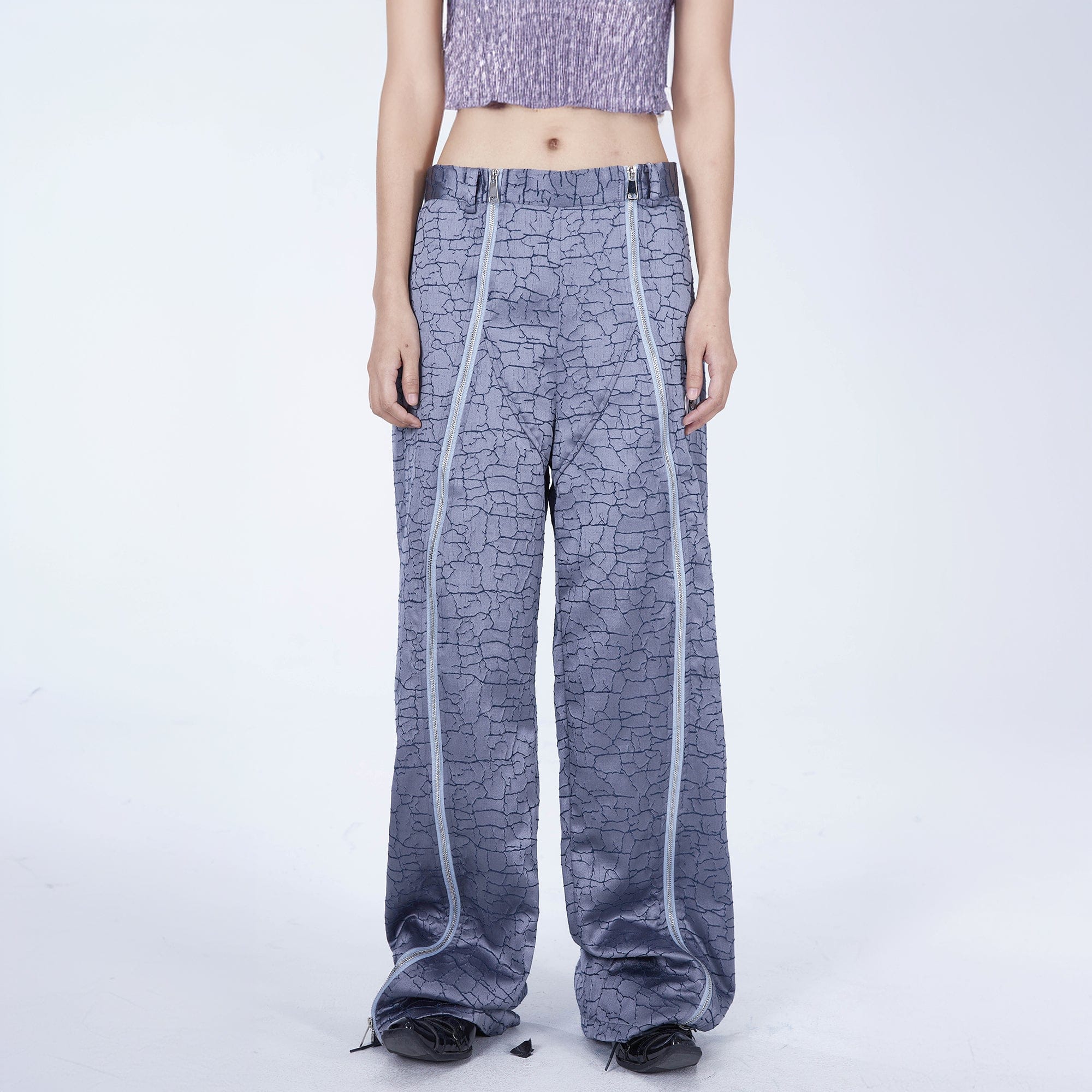 EMBRYO Deconstructed Front-Zipper Cracked Flared Pants, premium urban and streetwear designers apparel on PROJECTISR.com, EMBRYO