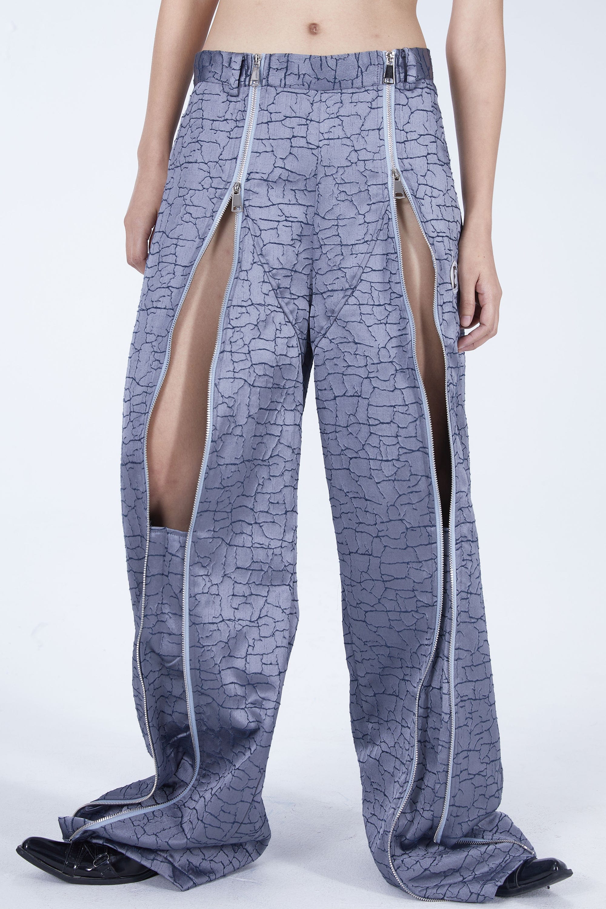 EMBRYO Deconstructed Front-Zipper Cracked Flared Pants, premium urban and streetwear designers apparel on PROJECTISR.com, EMBRYO