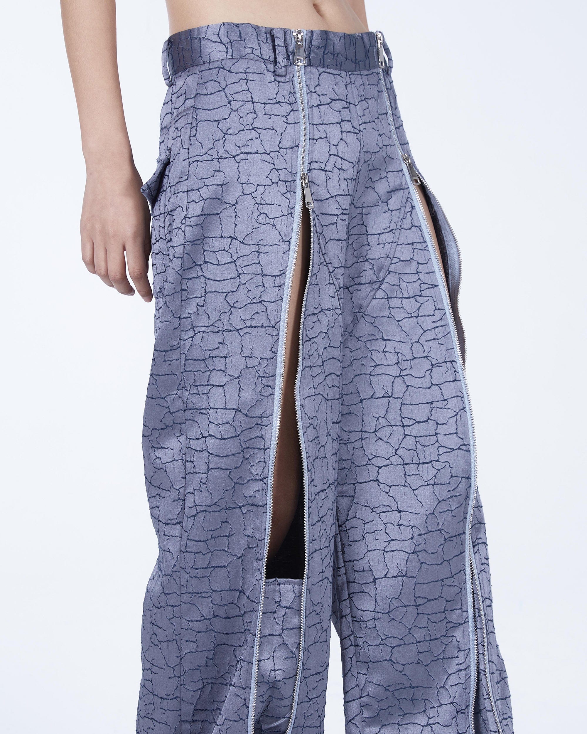 EMBRYO Deconstructed Front-Zipper Cracked Flared Pants, premium urban and streetwear designers apparel on PROJECTISR.com, EMBRYO
