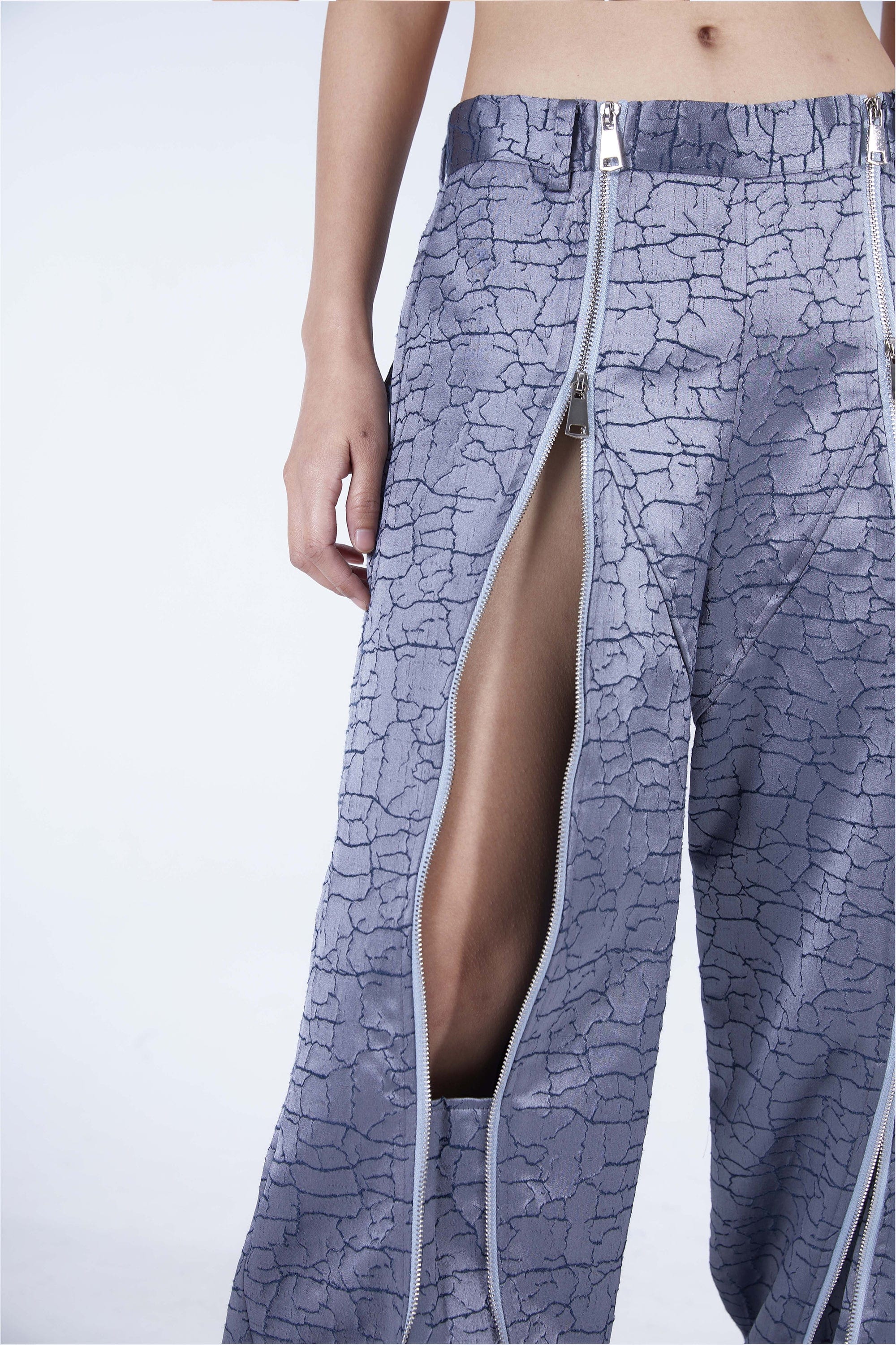 EMBRYO Deconstructed Front-Zipper Cracked Flared Pants, premium urban and streetwear designers apparel on PROJECTISR.com, EMBRYO