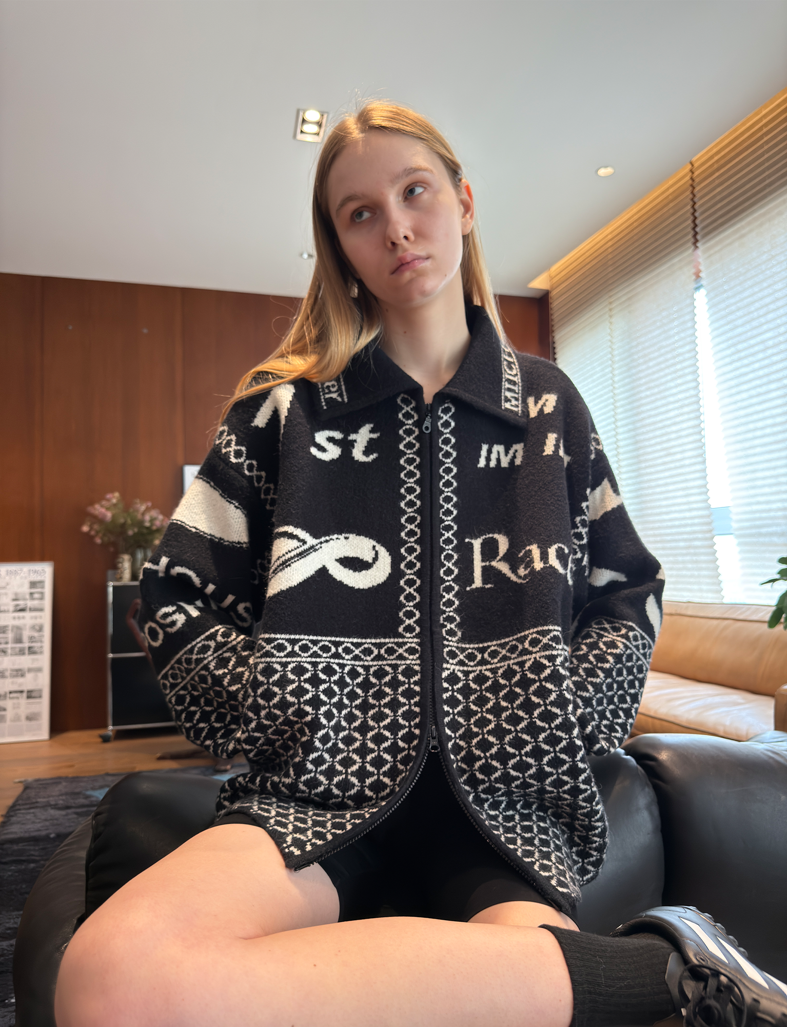 MIICHOUS Racer Geometric Jacquard Zip-Up Cardigan