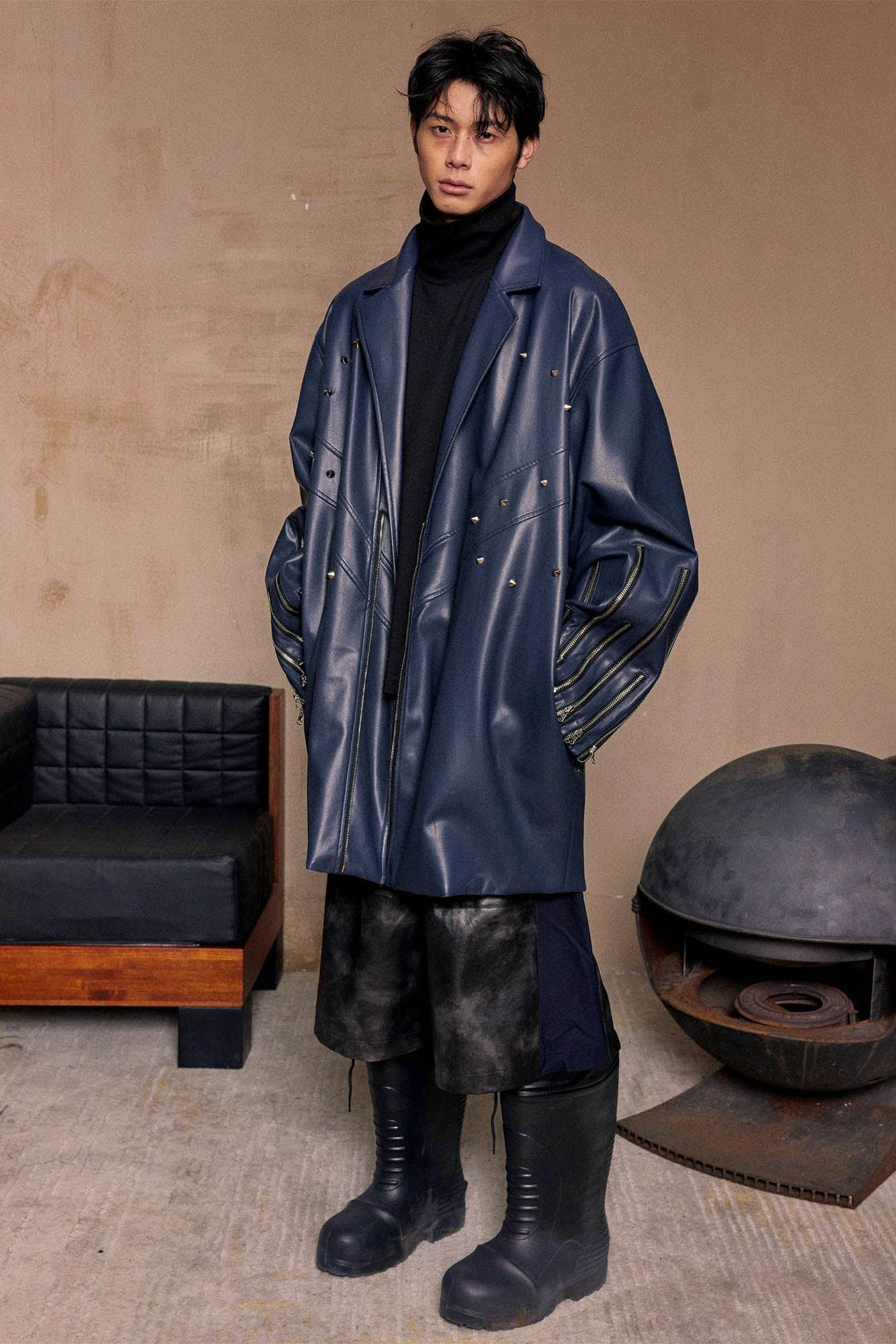 KADAKADA Zipper-Sleeve Rivet Oversized PU Coat, premium urban and streetwear designers apparel on PROJECTISR.com, KADAKADA