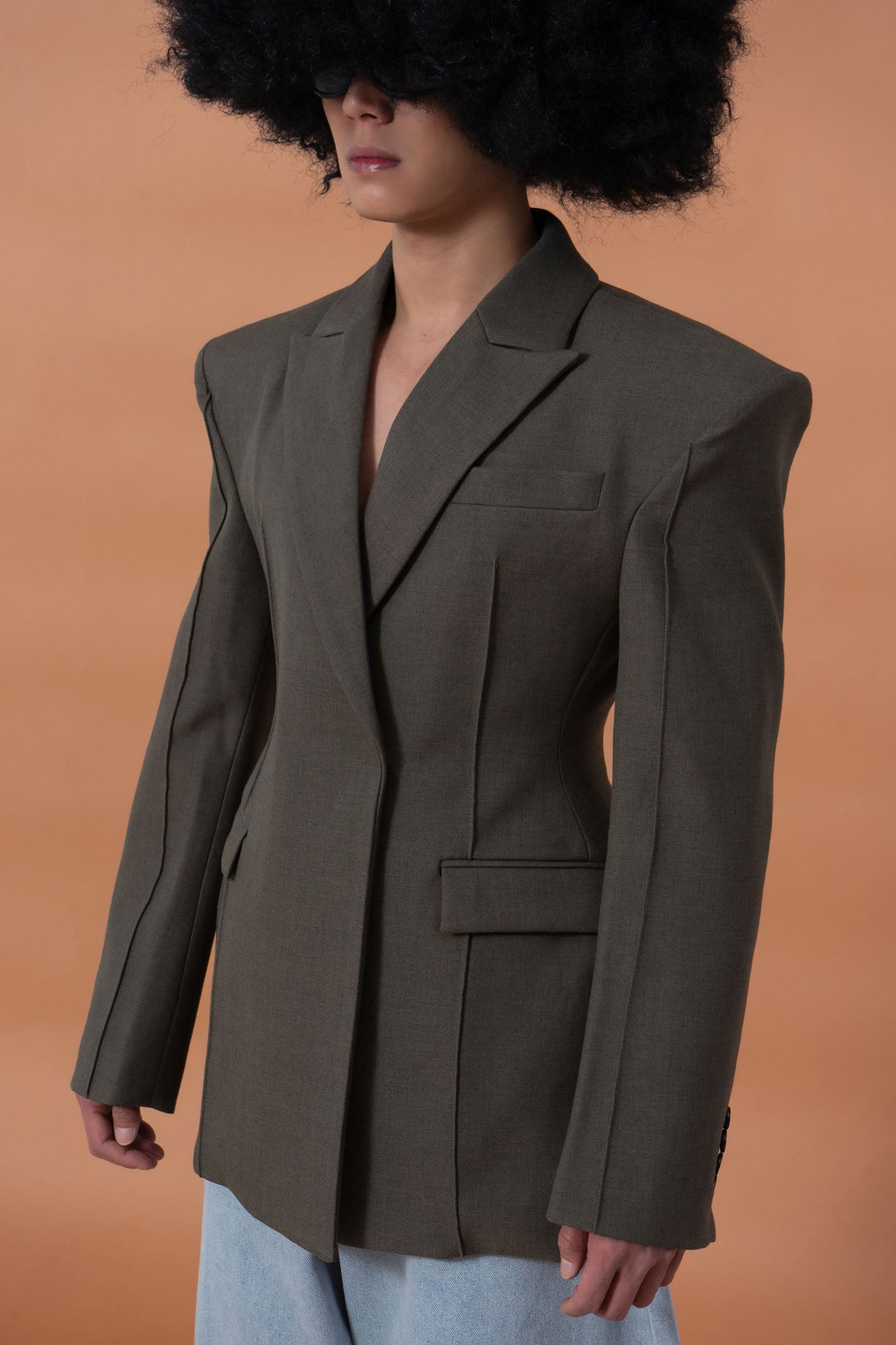 CLP Cinched-Waist Padded Shoulder Blazer Brown, premium urban and streetwear designers apparel on PROJECTISR.com, CLP