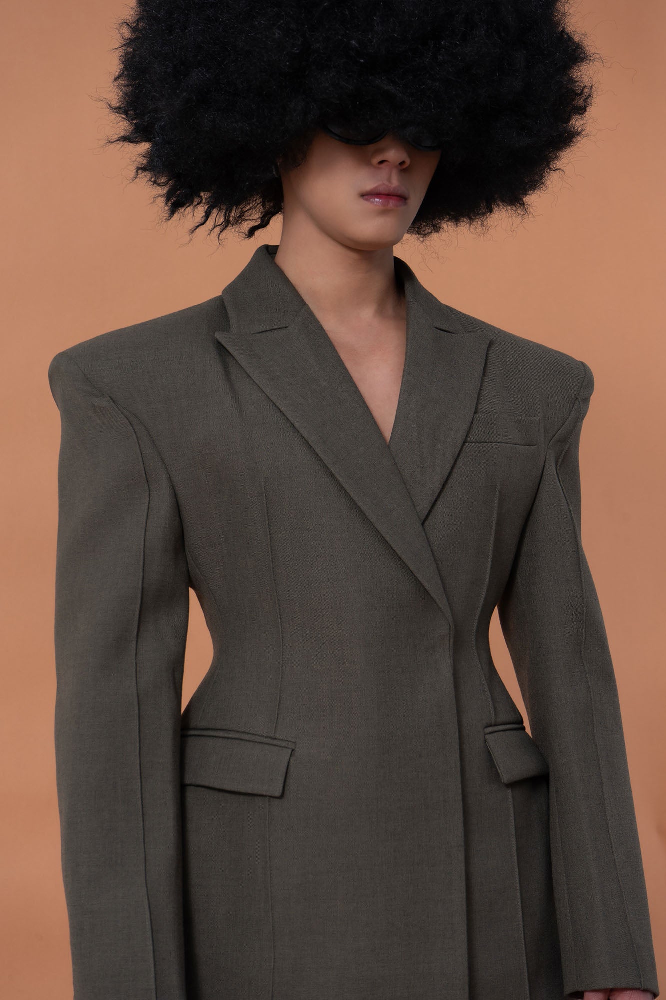 CLP Cinched-Waist Padded Shoulder Blazer Brown, premium urban and streetwear designers apparel on PROJECTISR.com, CLP