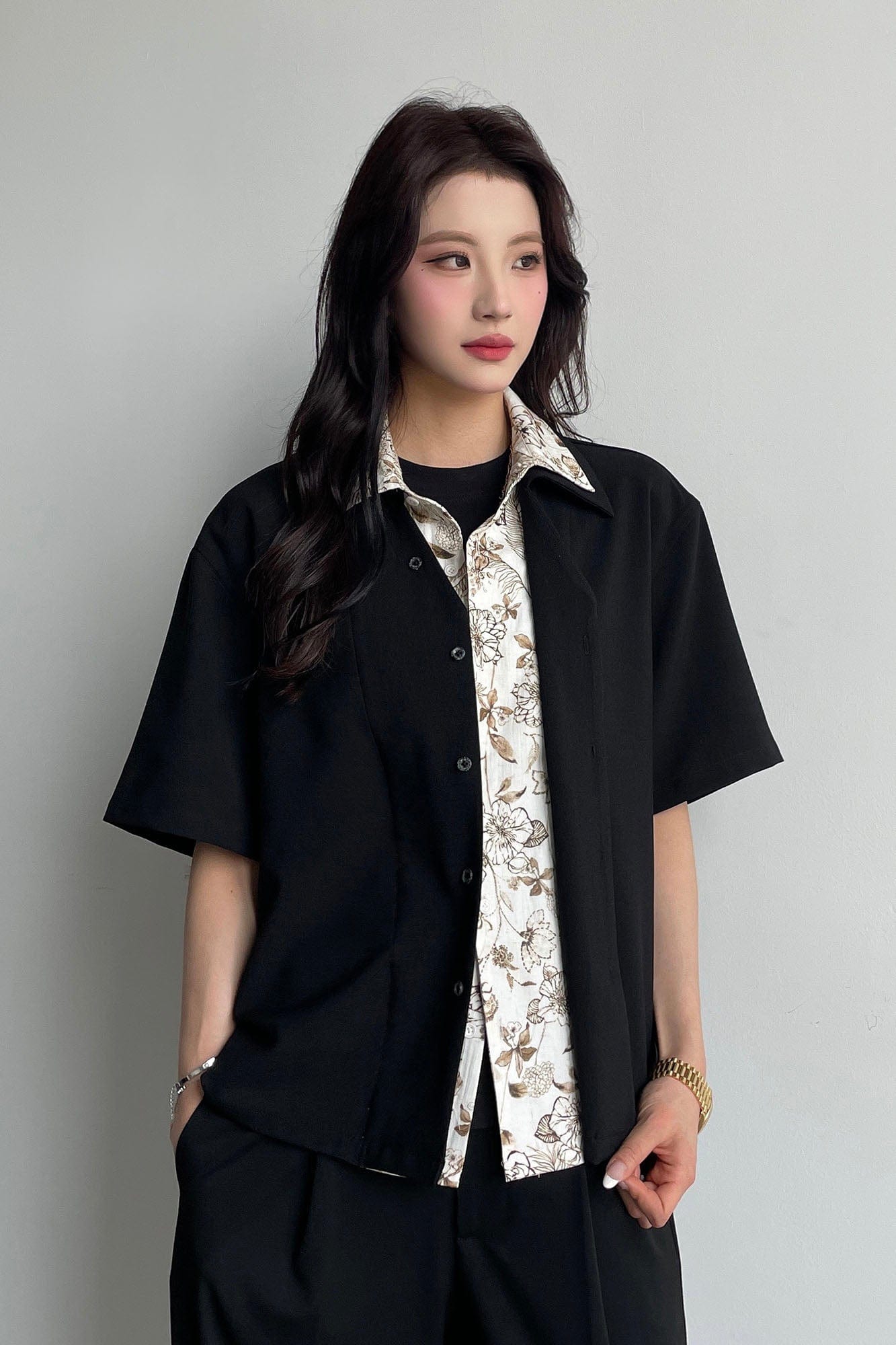 OKAYTHXBYE Double-Layer Floral Half Shirt