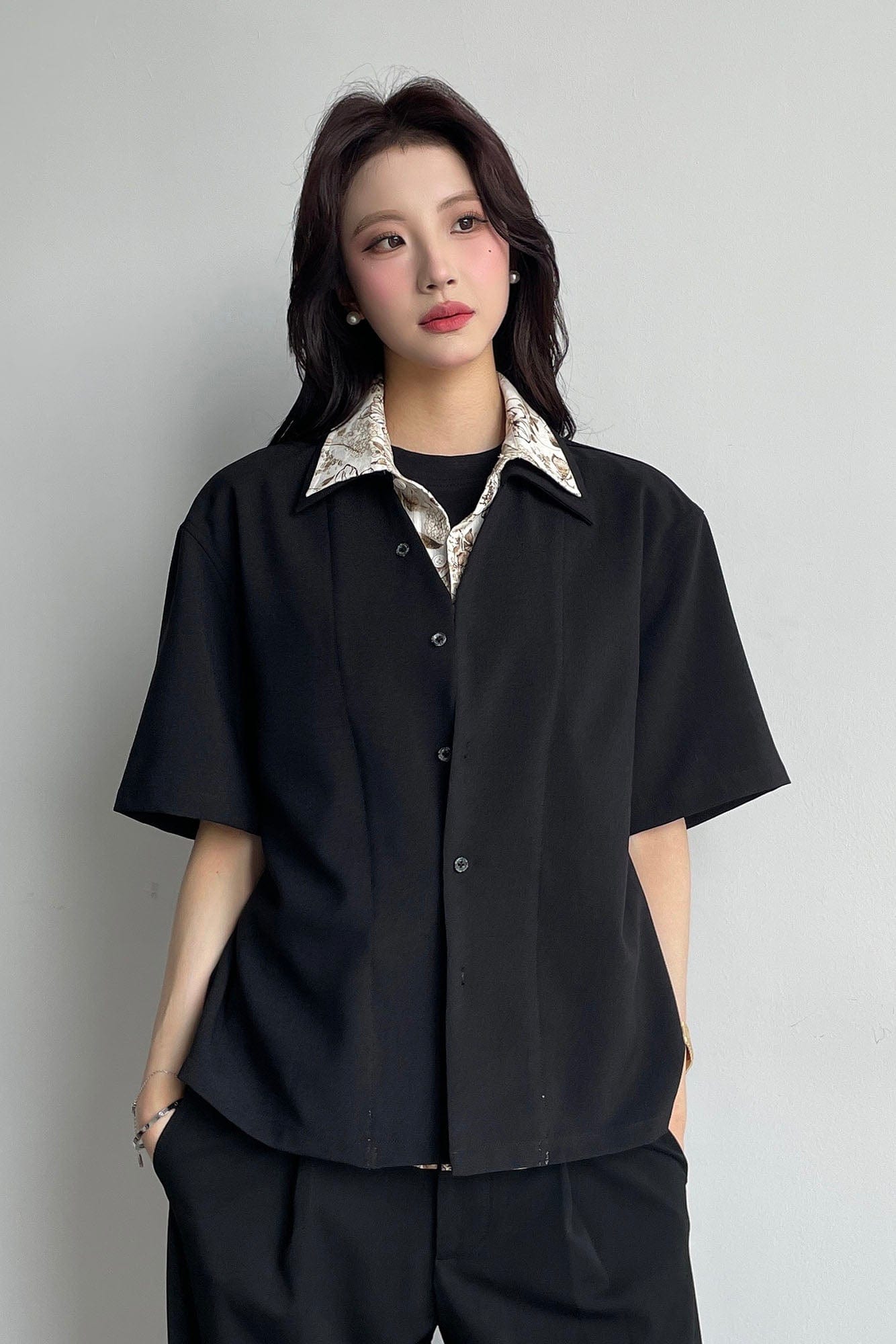 OKAYTHXBYE Double-Layer Floral Half Shirt