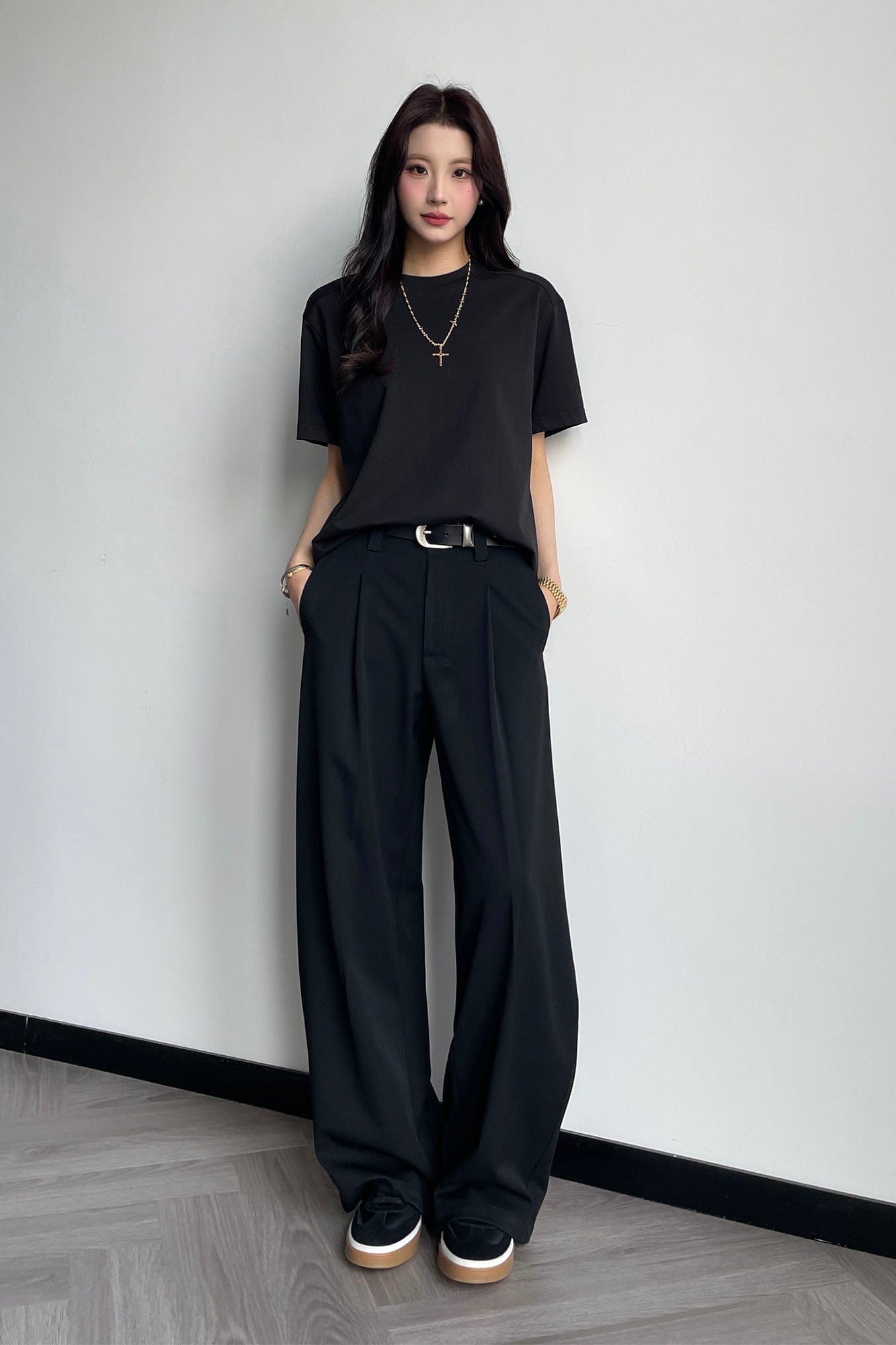 OKAYTHXBYE Pleated Curved Wide-Leg Trousers
