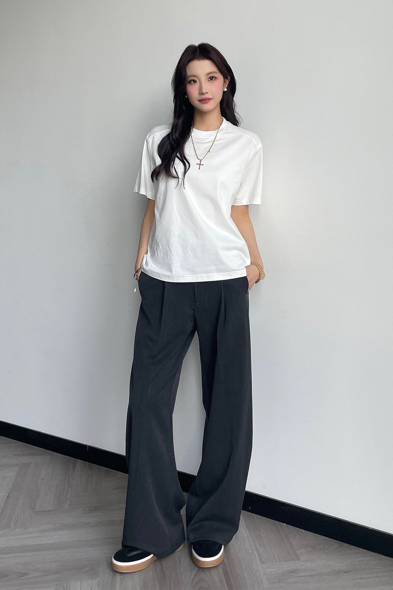 OKAYTHXBYE Pleated Curved Wide-Leg Trousers