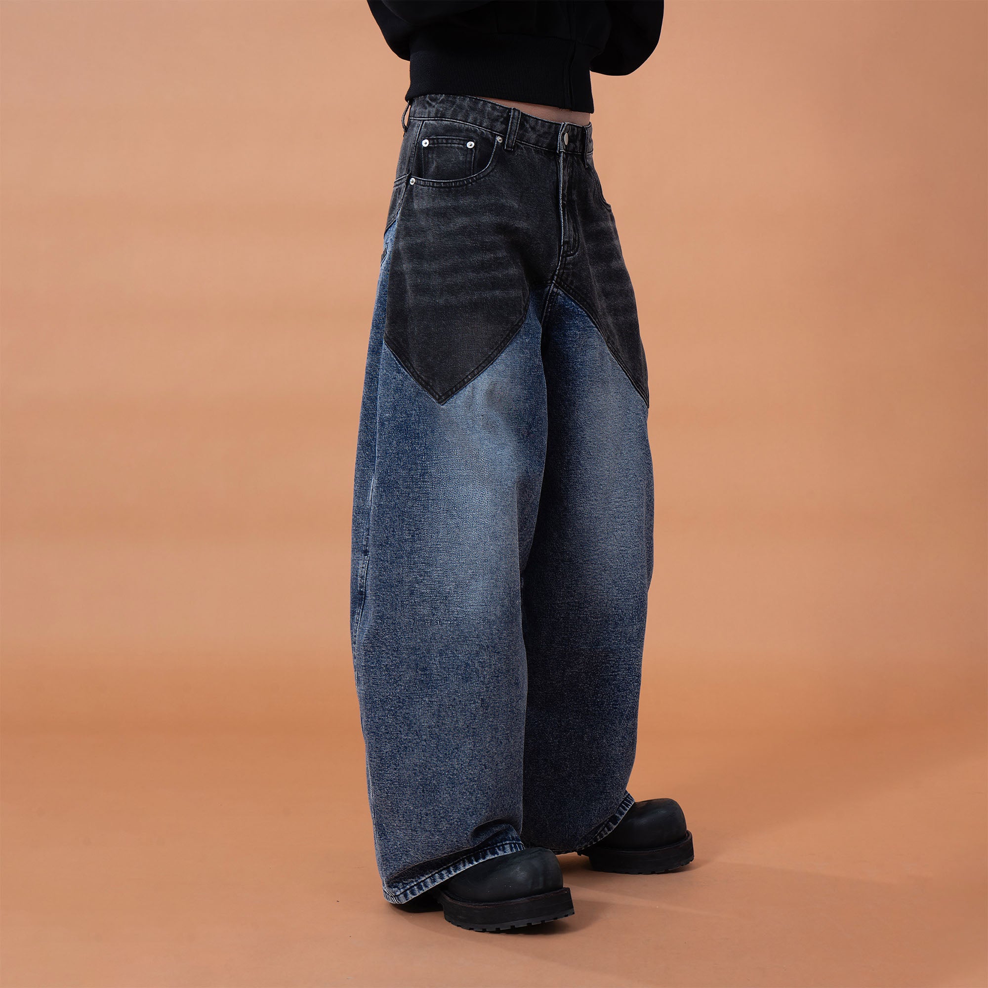 CLP Distressed Contrast-Panel Oversized Jeans, premium urban and streetwear designers apparel on PROJECTISR.com, CLP